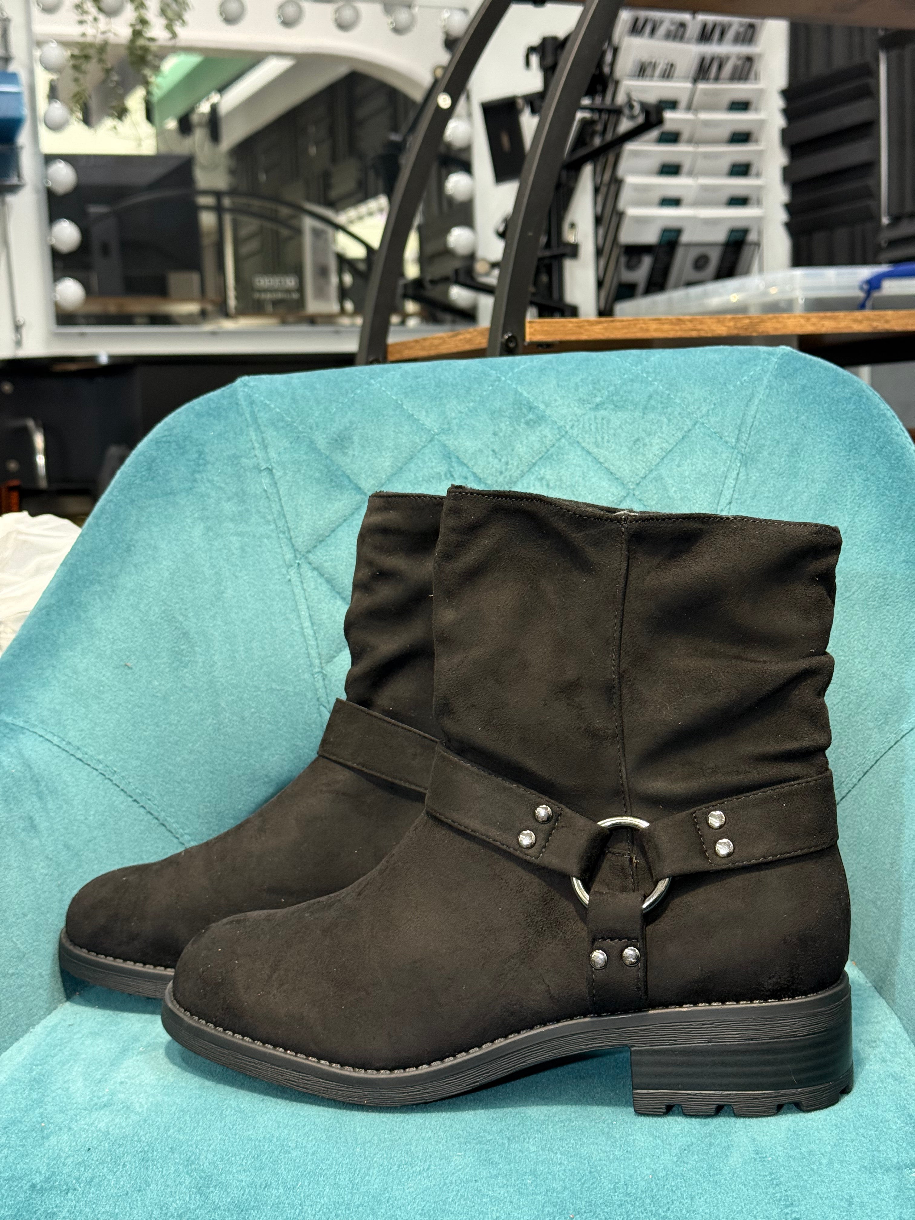 Women’s Black Faux Suede Ankle Boots with Buckle Detail