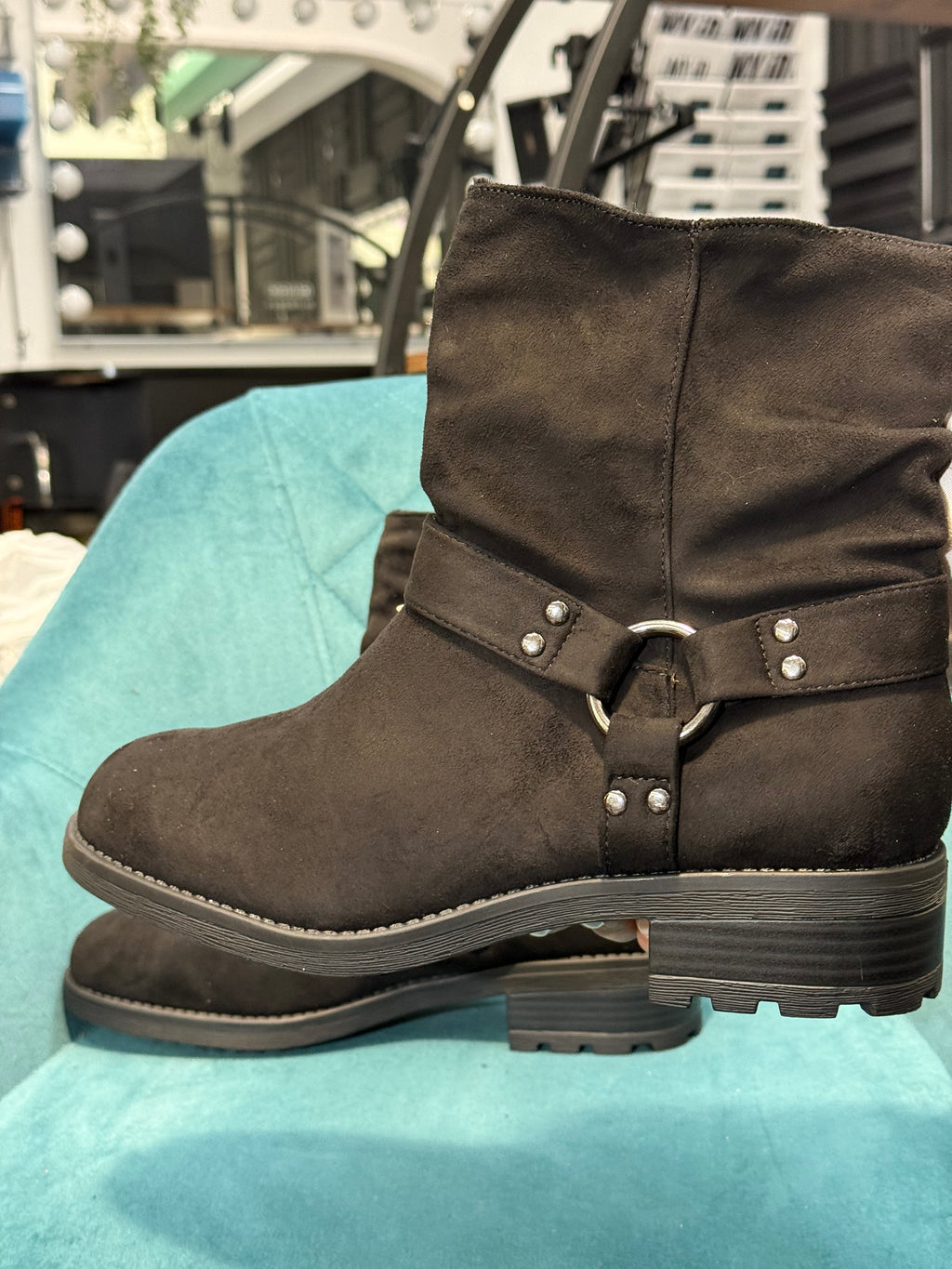 Women’s Black Faux Suede Ankle Boots with Buckle Detail
