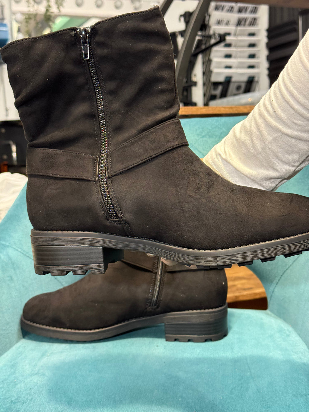 Women’s Black Faux Suede Ankle Boots with Buckle Detail