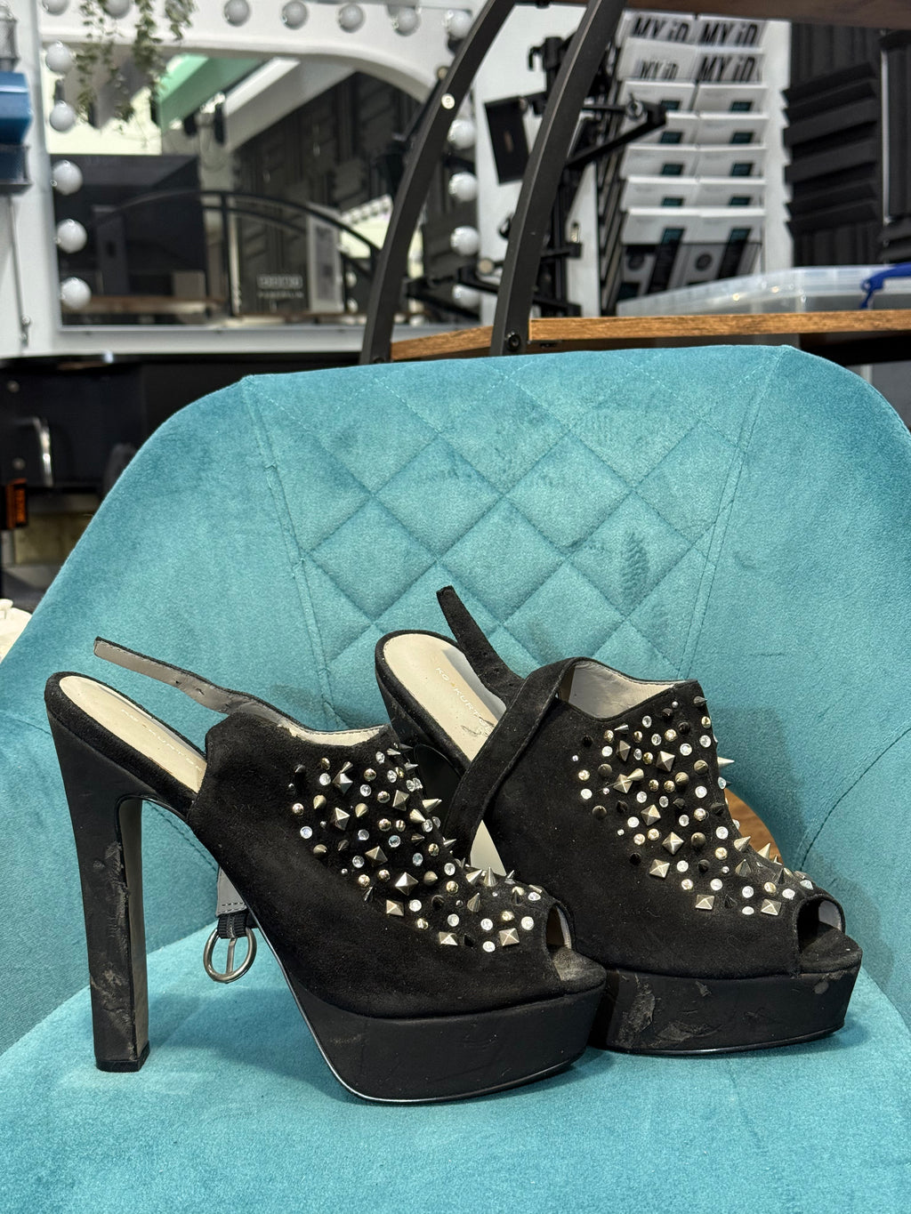 Black Faux Suede Platform Heels with Stud & Rhinestone Embellishments