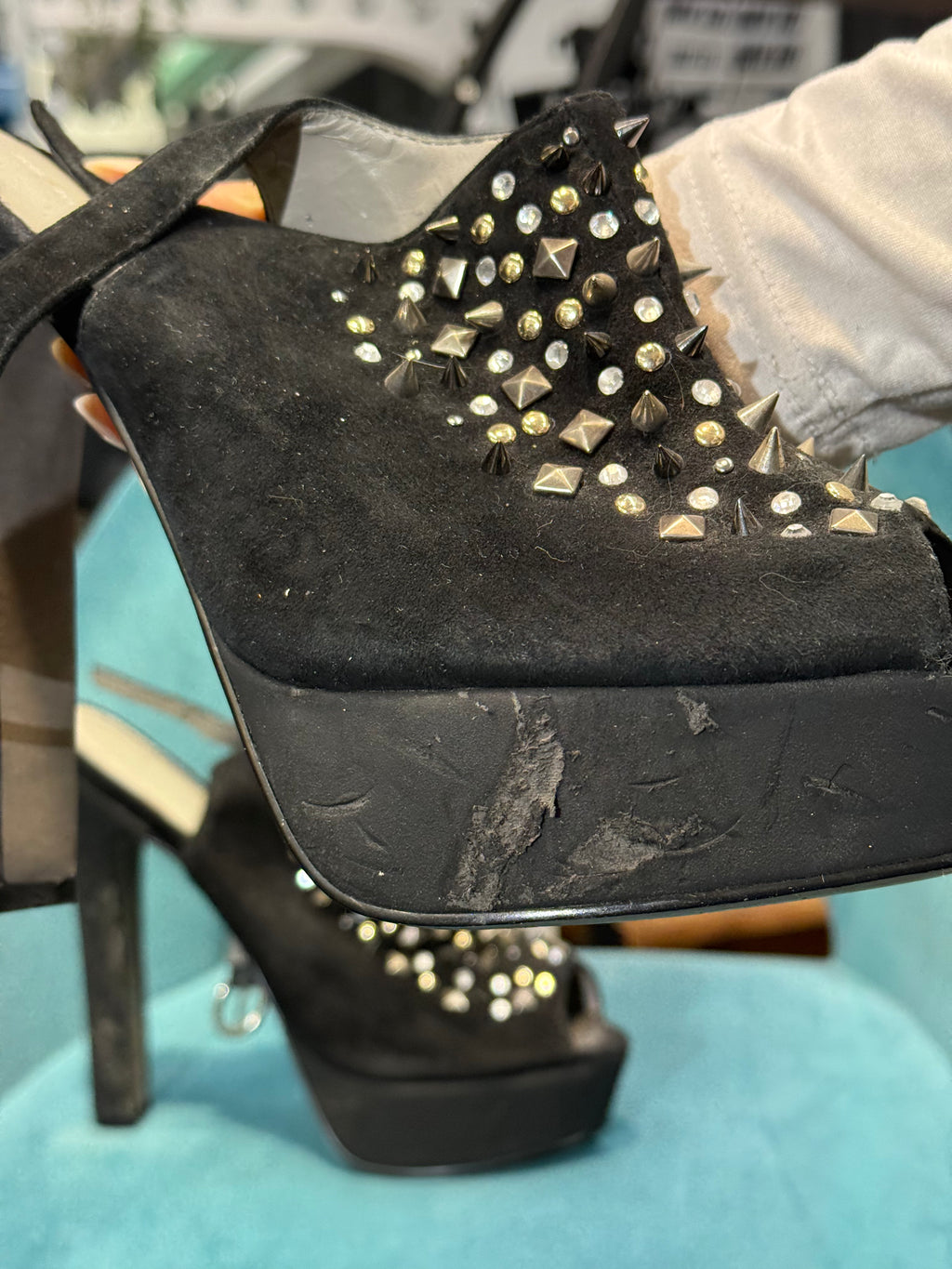 Black Faux Suede Platform Heels with Stud & Rhinestone Embellishments