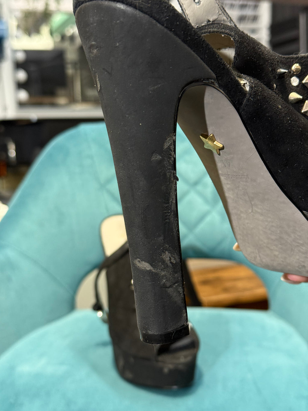 Black Faux Suede Platform Heels with Stud & Rhinestone Embellishments