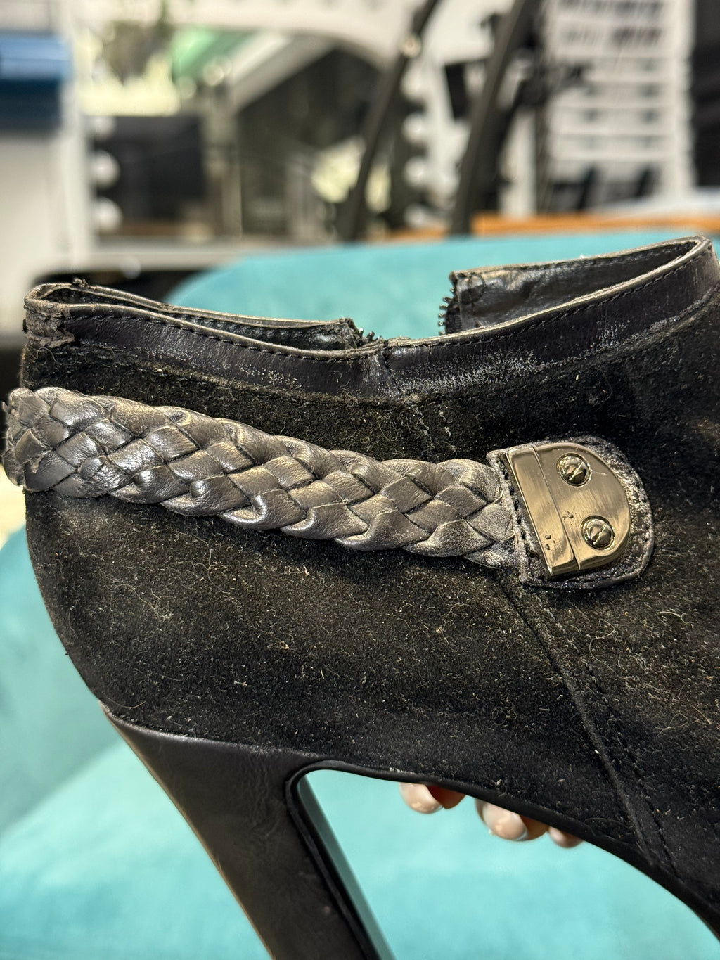 Black Suede Platform Ankle Boots with Braided Detail