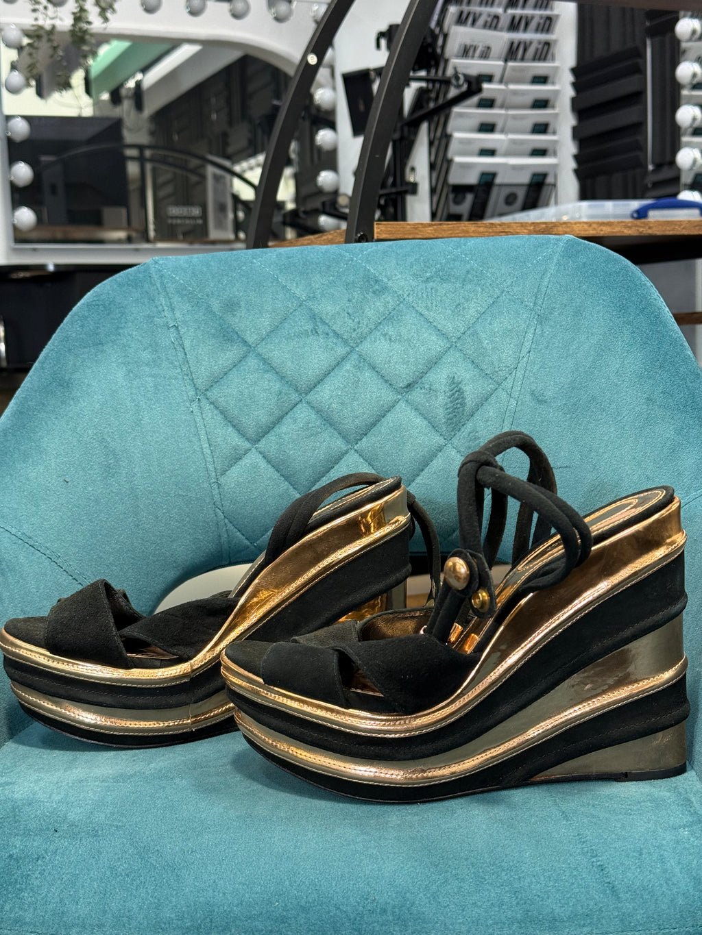 Black and Rose Gold Strappy Platform Wedge Sandals