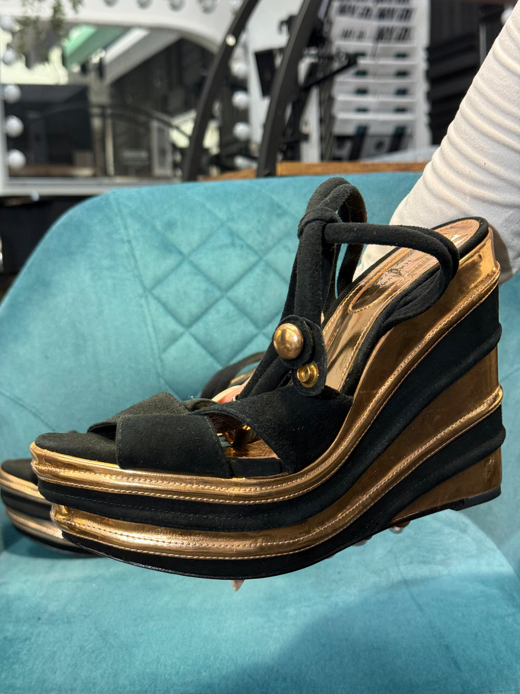 Black and Rose Gold Strappy Platform Wedge Sandals