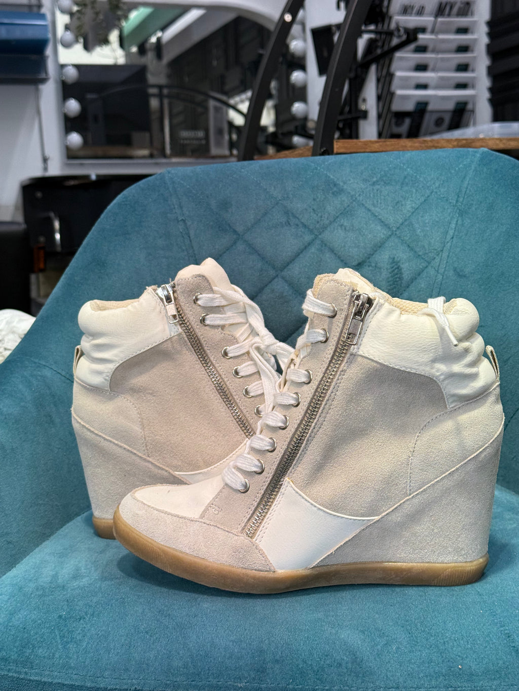 White/Cream Wedge Trainers with Side Zip & Lace-Up