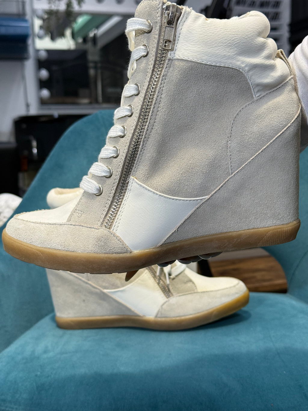 White/Cream Wedge Trainers with Side Zip & Lace-Up