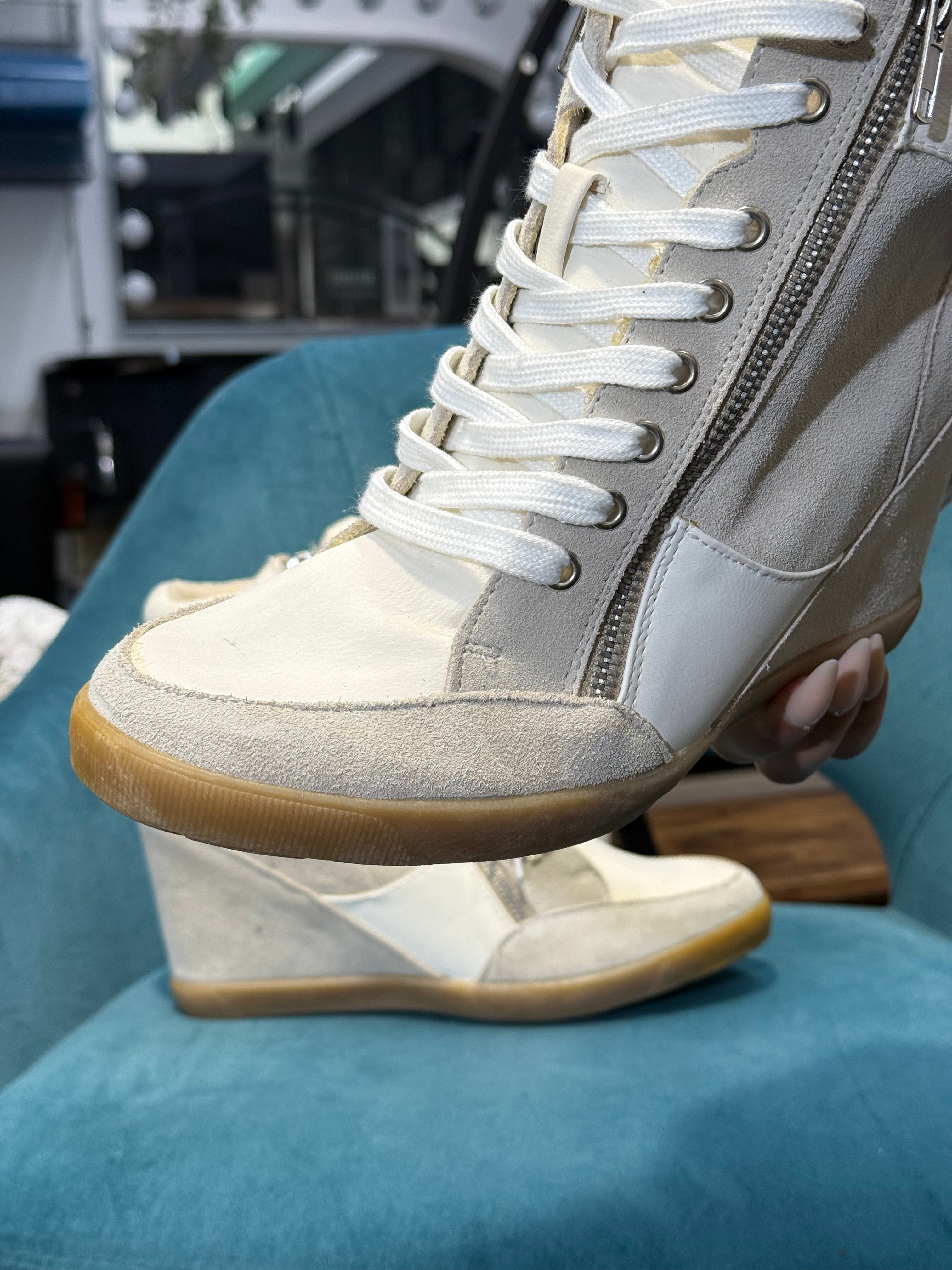 White/Cream Wedge Trainers with Side Zip & Lace-Up