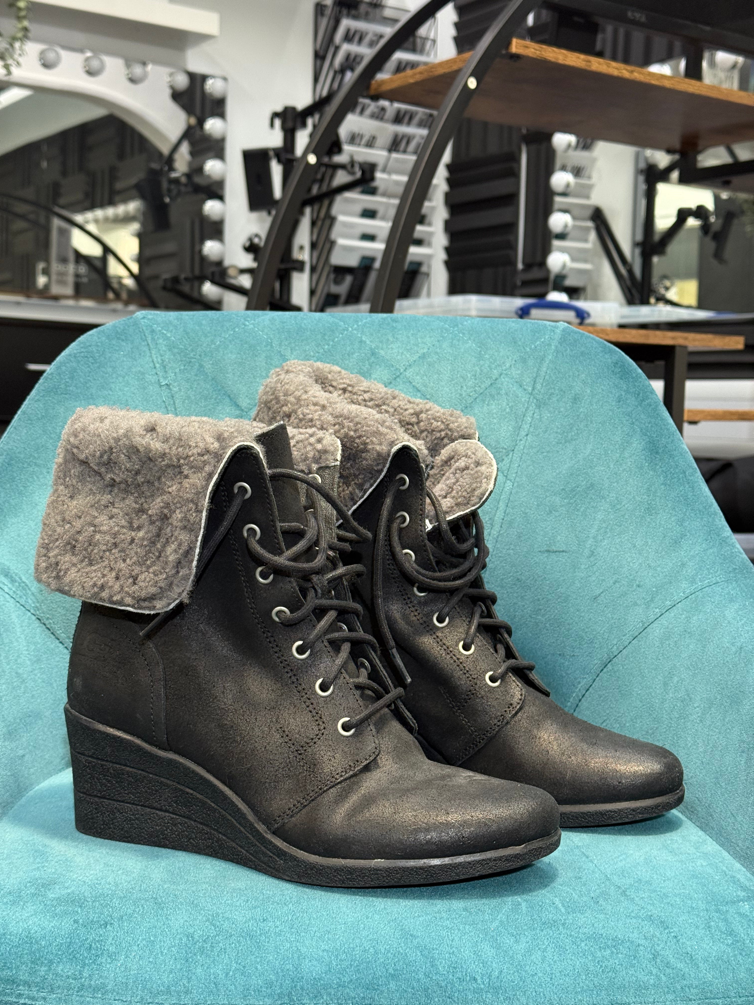 Women’s Black Faux Leather Wedge Ankle Boots with Faux Fur Lining
