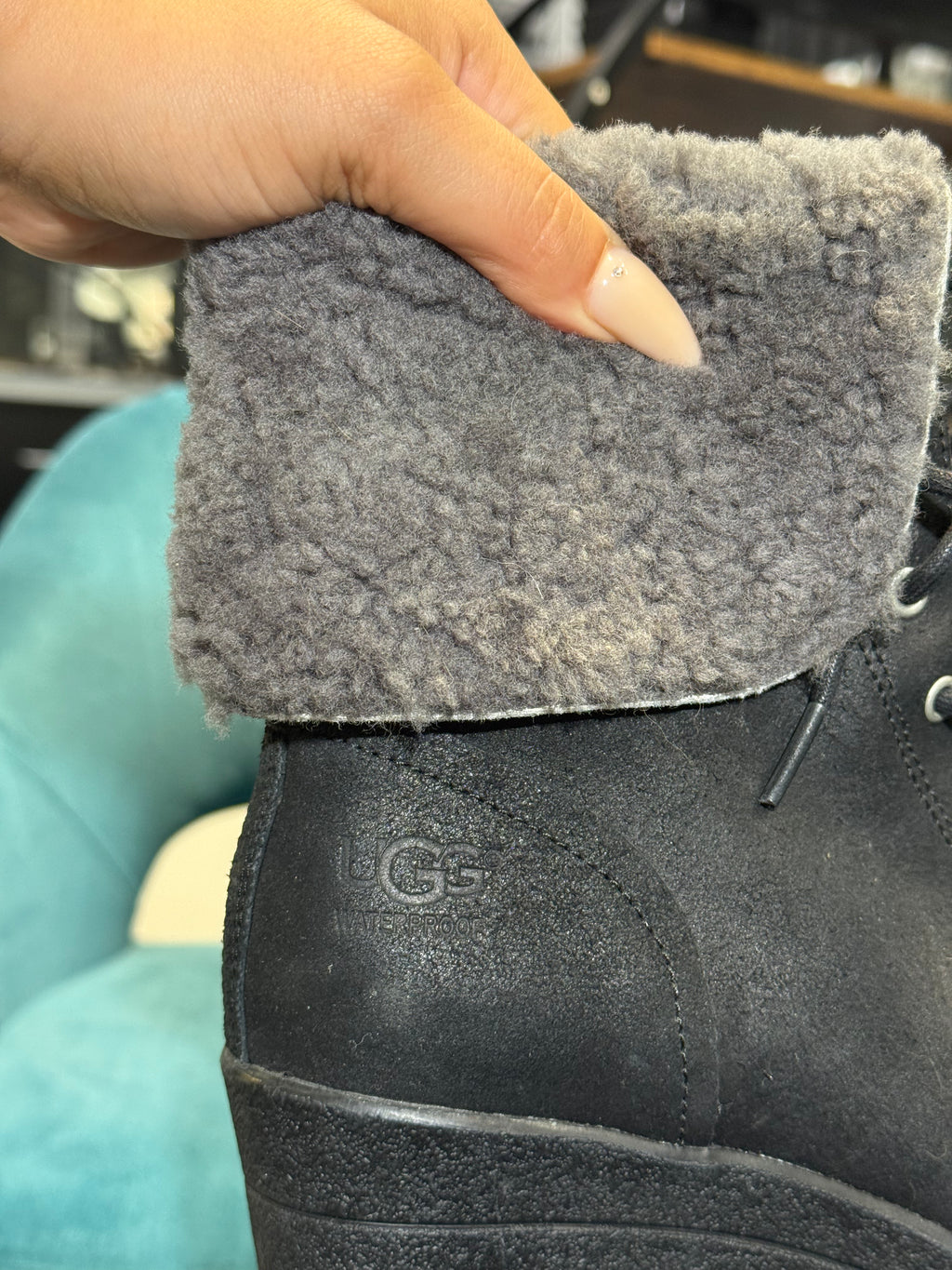 Women’s Black Faux Leather Wedge Ankle Boots with Faux Fur Lining