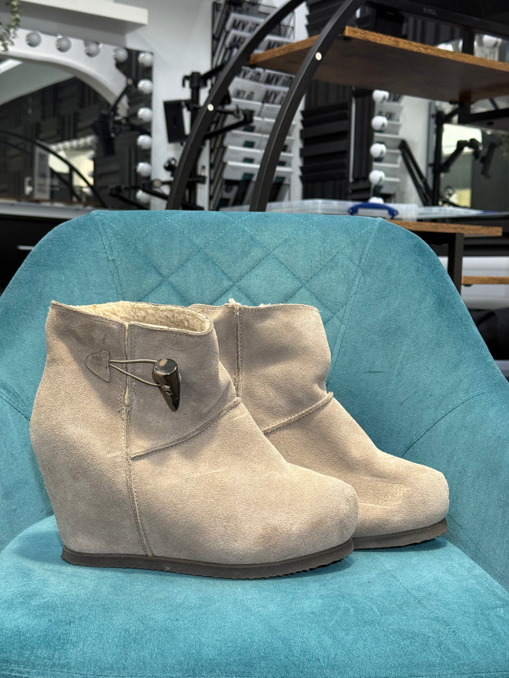 Light Grey Faux Suede Wedge Ankle Boots with Toggle Detail