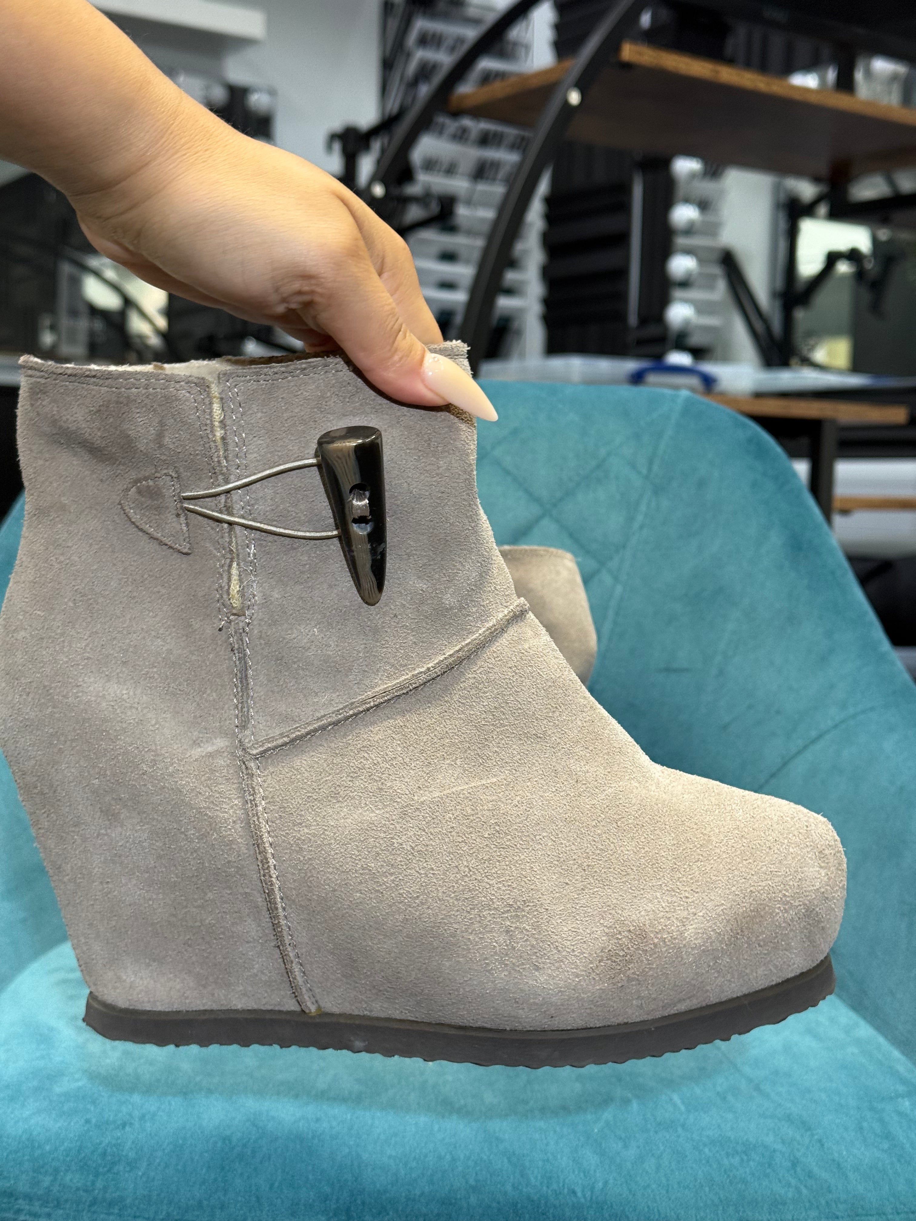 Light Grey Faux Suede Wedge Ankle Boots with Toggle Detail