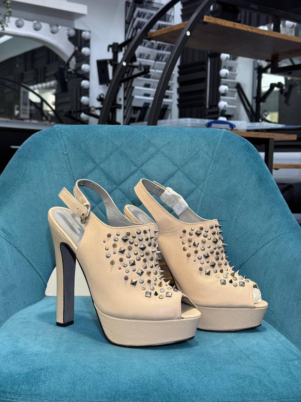 CreamFaux Suede Platform Heels with Stud & Rhinestone Embellishments