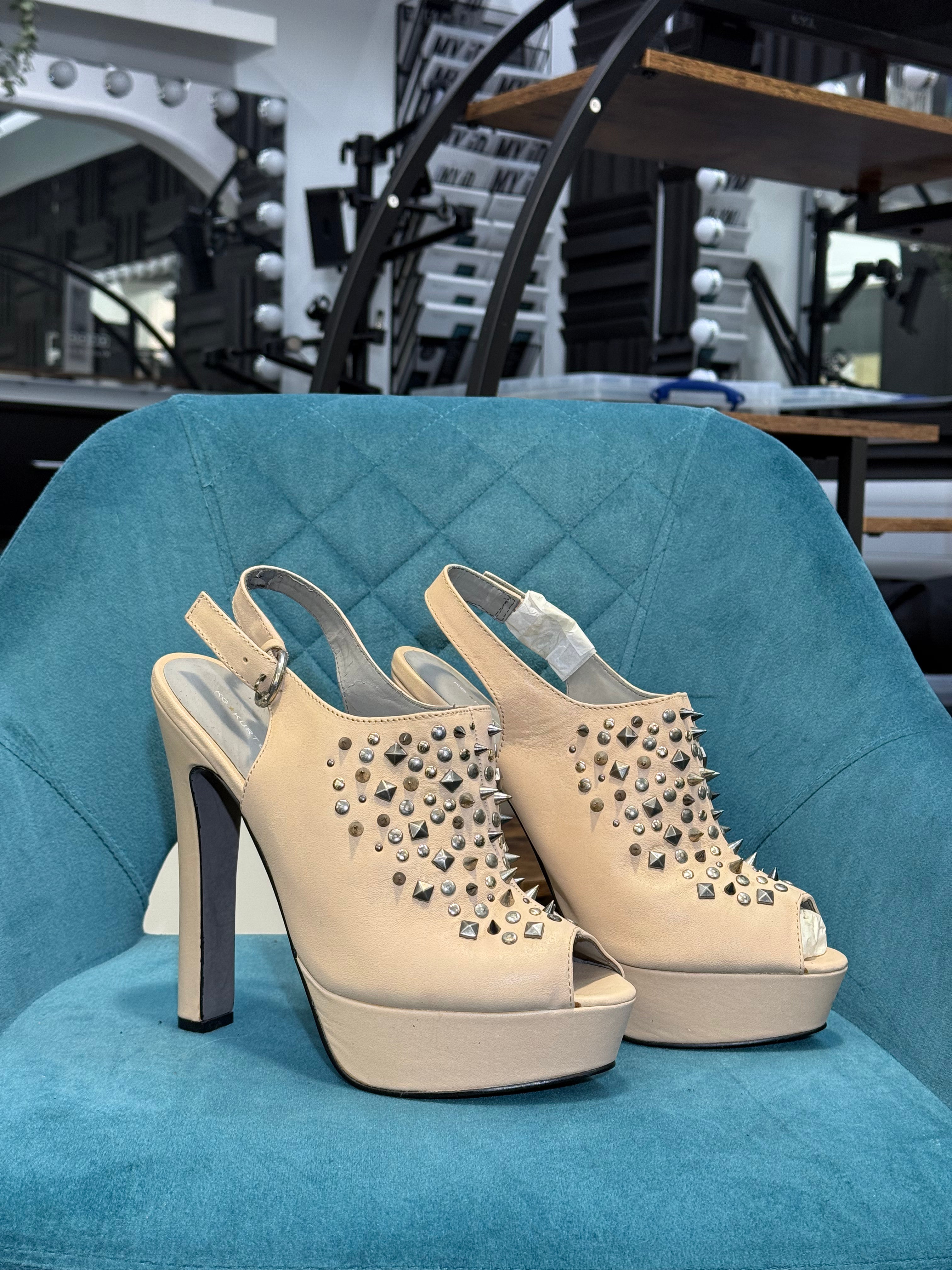 CreamFaux Suede Platform Heels with Stud & Rhinestone Embellishments