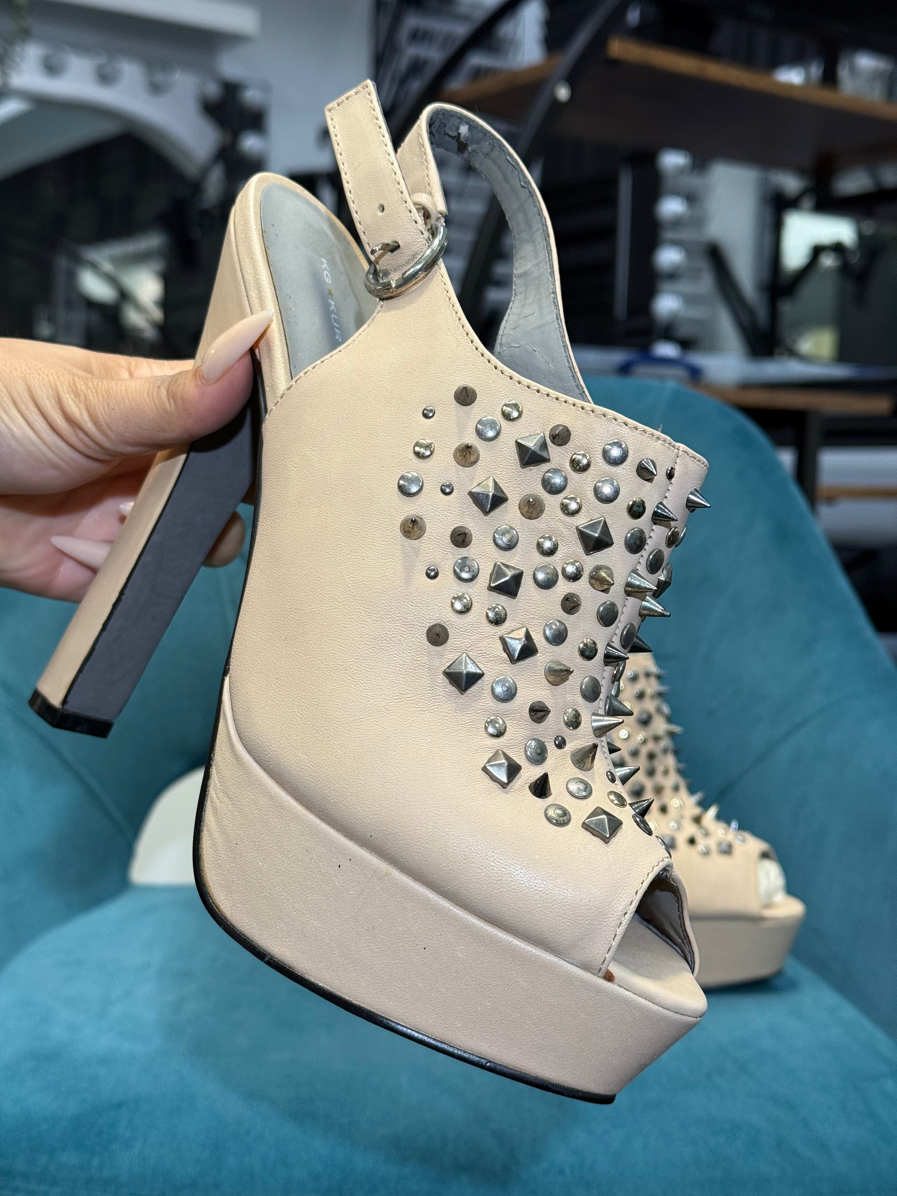 CreamFaux Suede Platform Heels with Stud & Rhinestone Embellishments