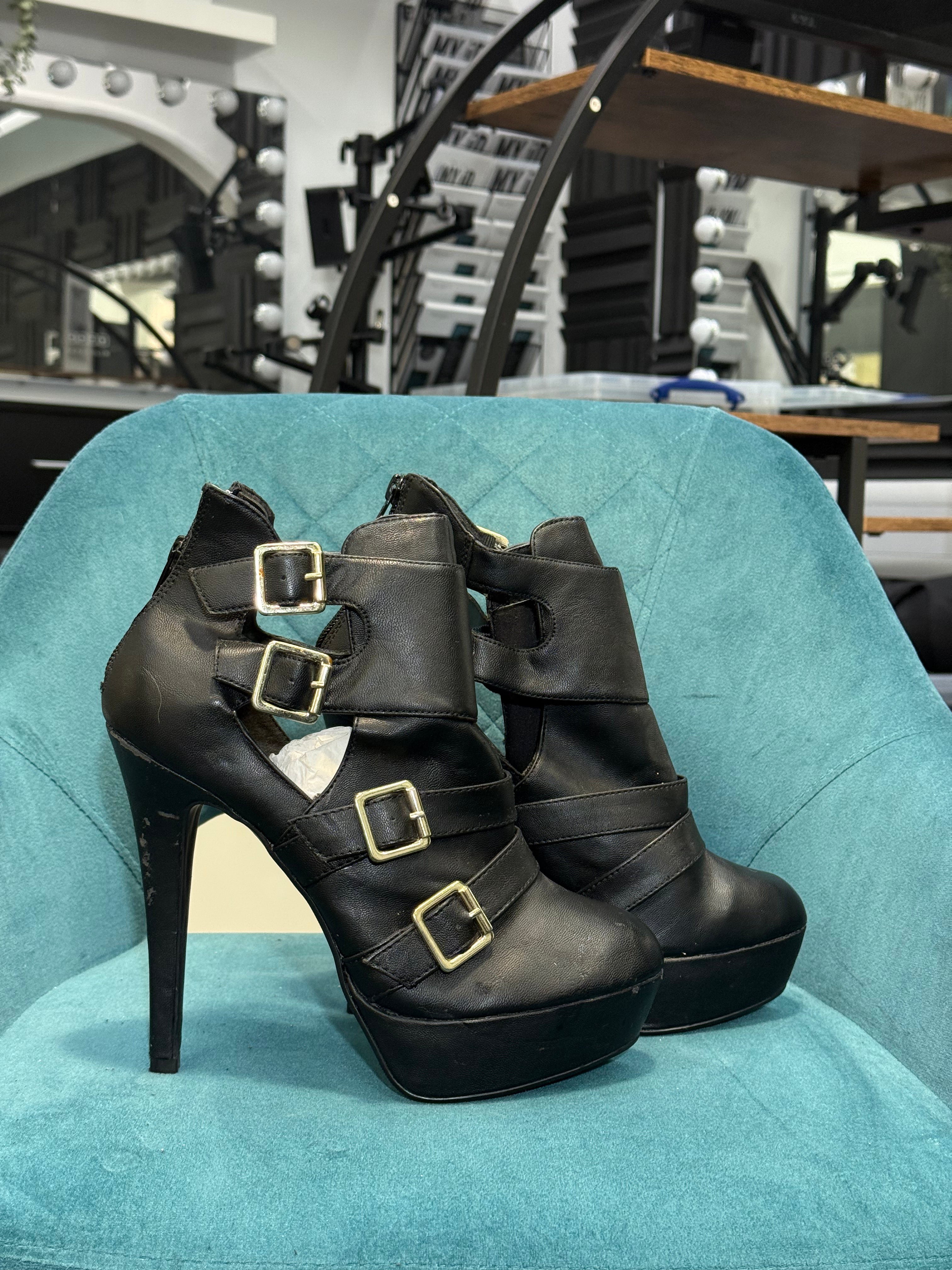 Black Faux Leather Strappy Platform Heels with Gold Buckles