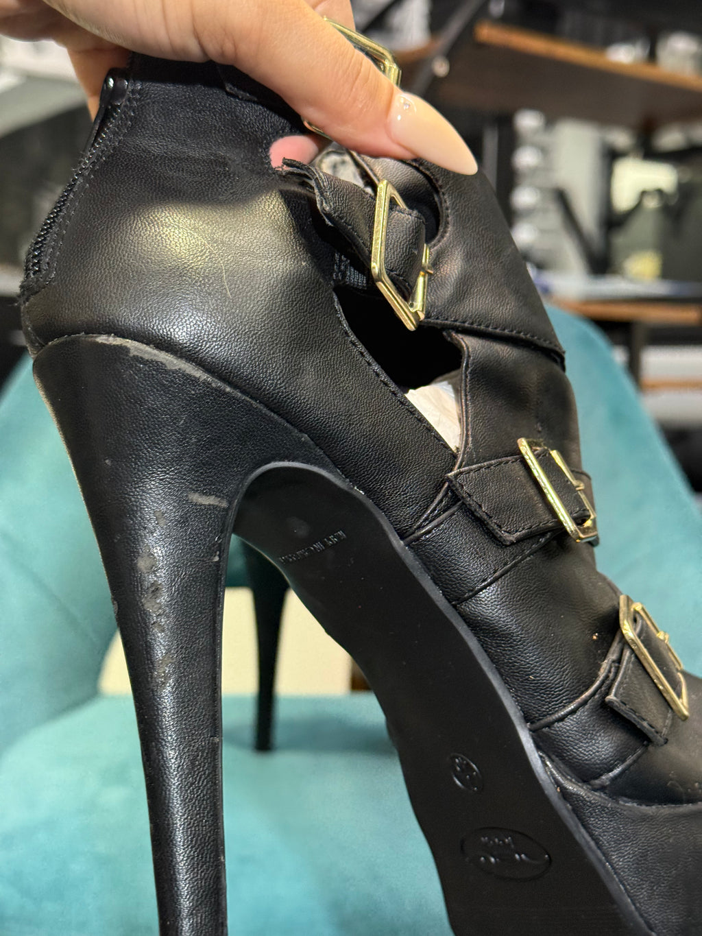 Black Faux Leather Strappy Platform Heels with Gold Buckles