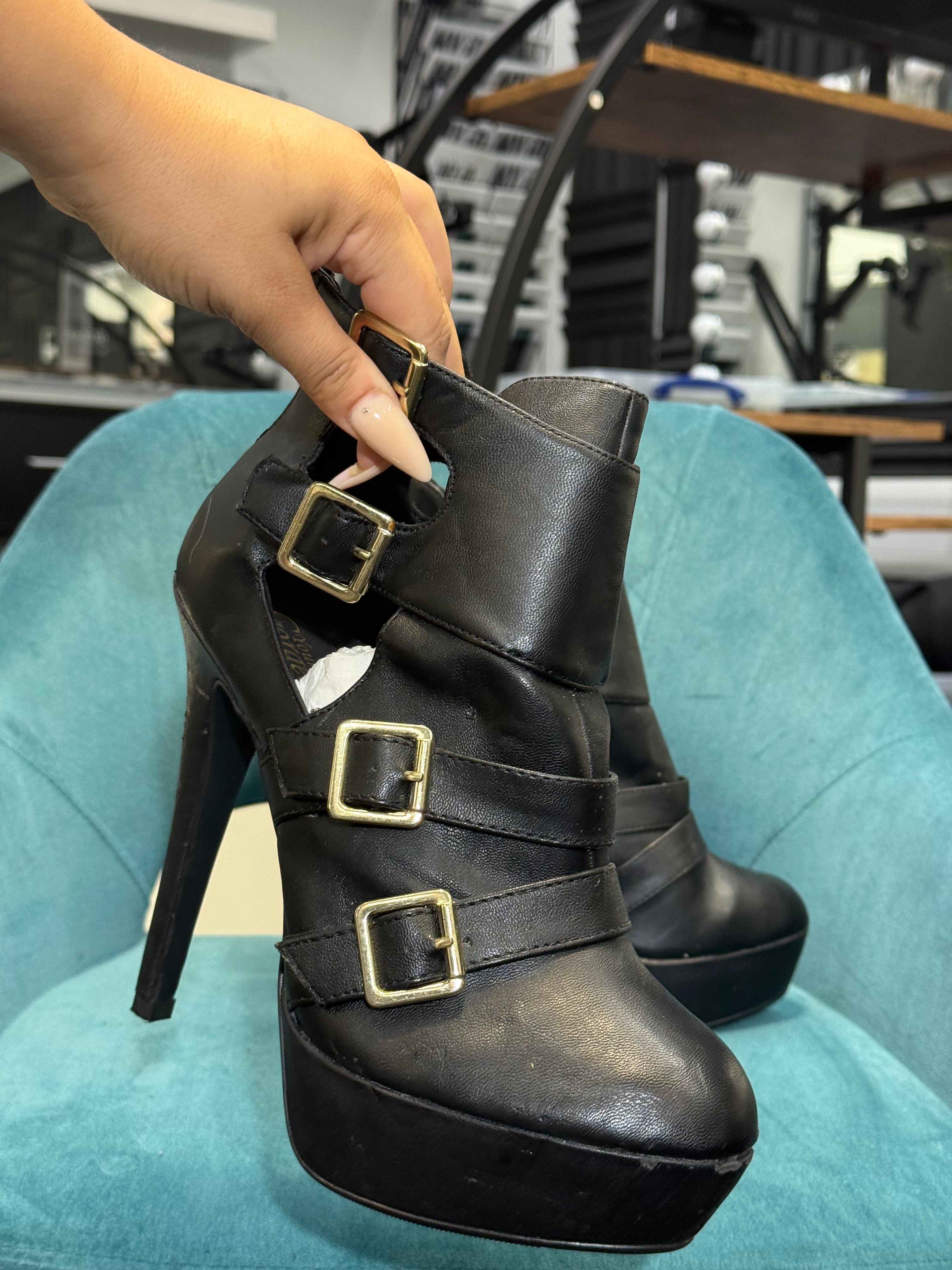 Black Faux Leather Strappy Platform Heels with Gold Buckles