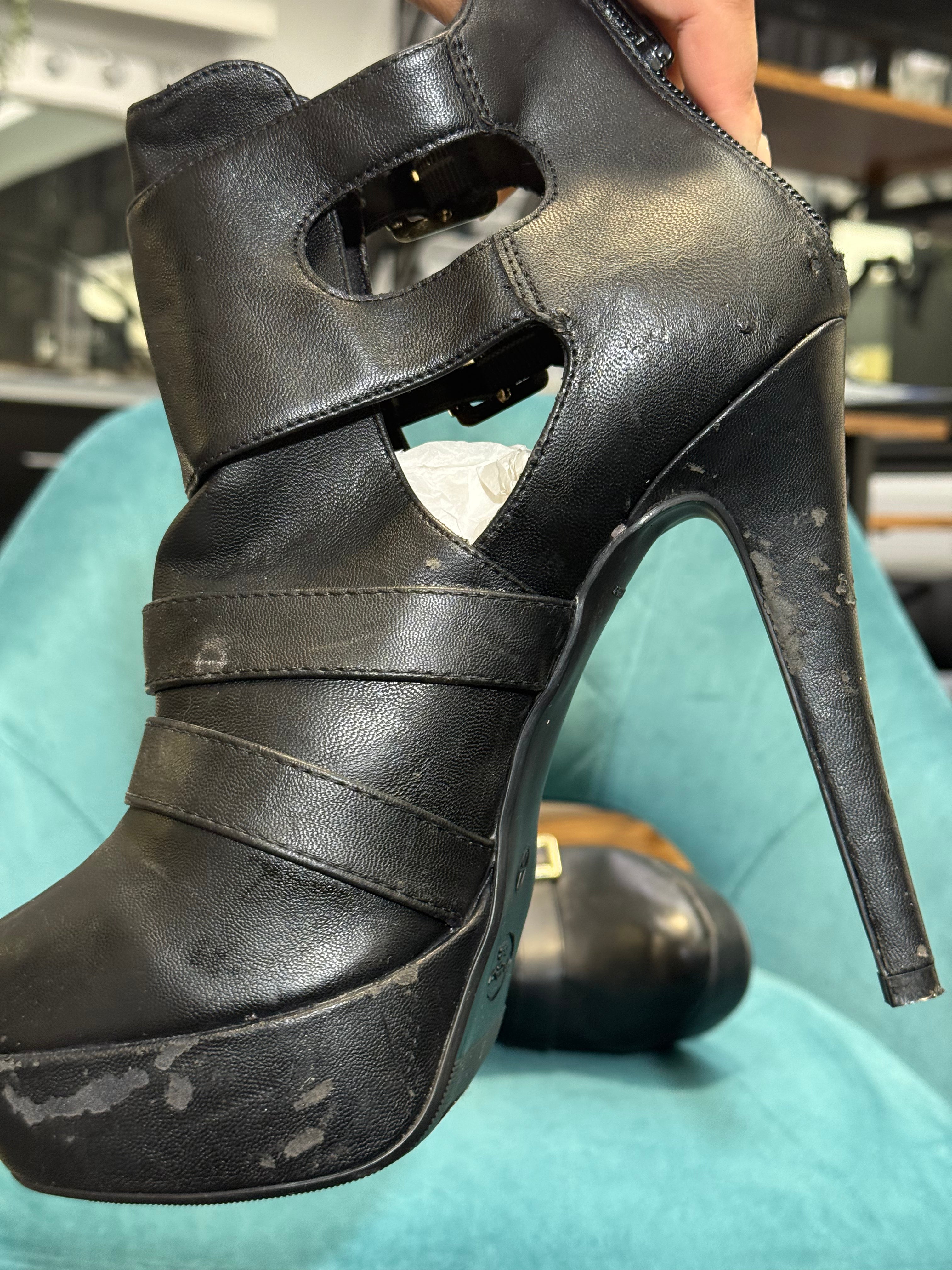 Black Faux Leather Strappy Platform Heels with Gold Buckles