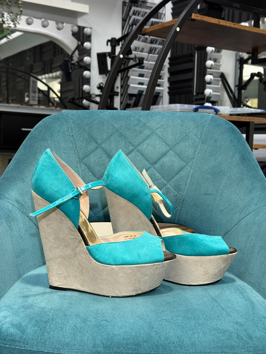 Women’s Blue & Beige Suede Platform Wedge Heels with Ankle Strap