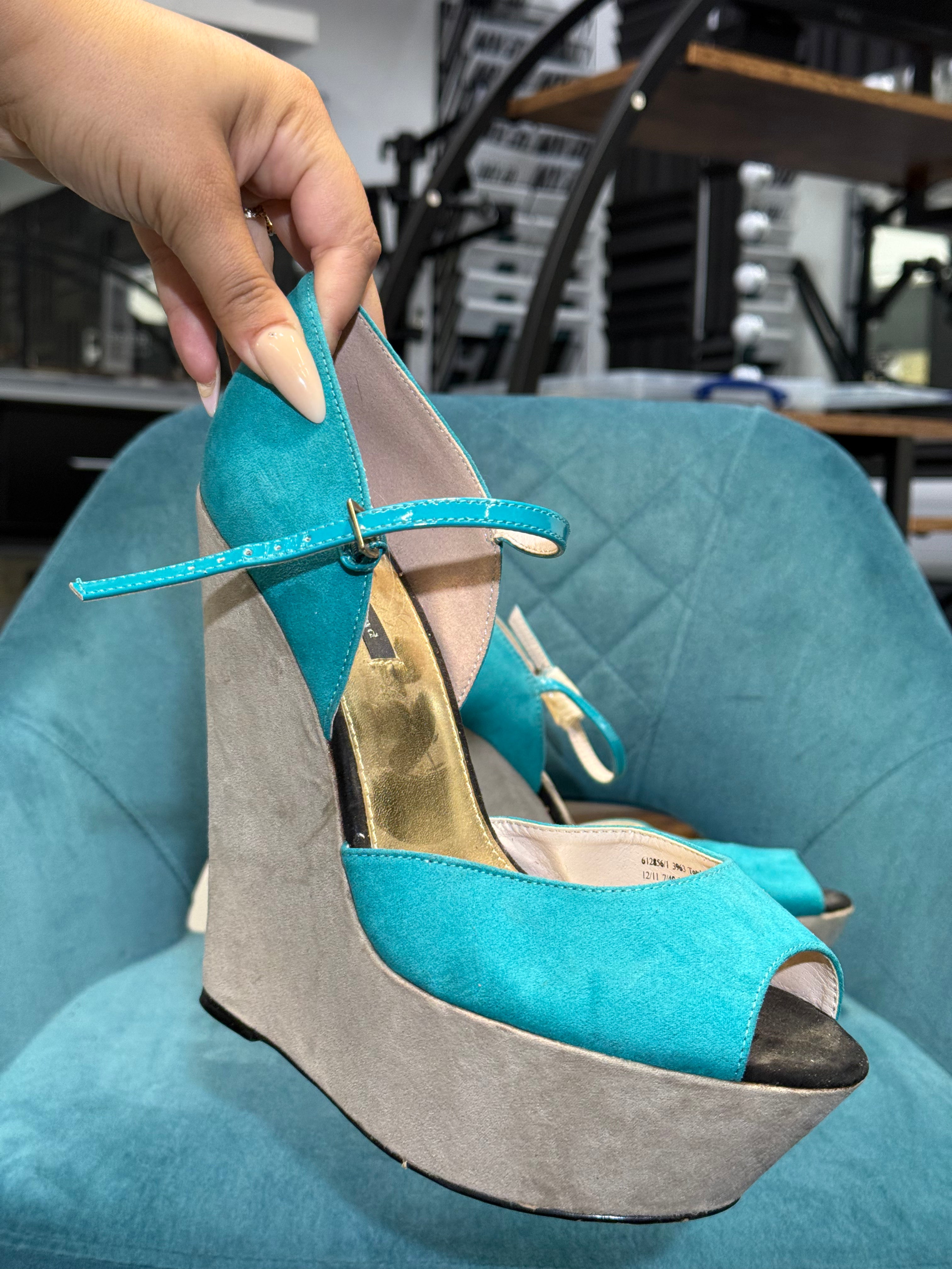 Women’s Blue & Beige Suede Platform Wedge Heels with Ankle Strap