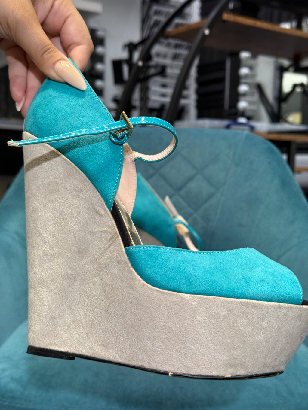 Women’s Blue & Beige Suede Platform Wedge Heels with Ankle Strap
