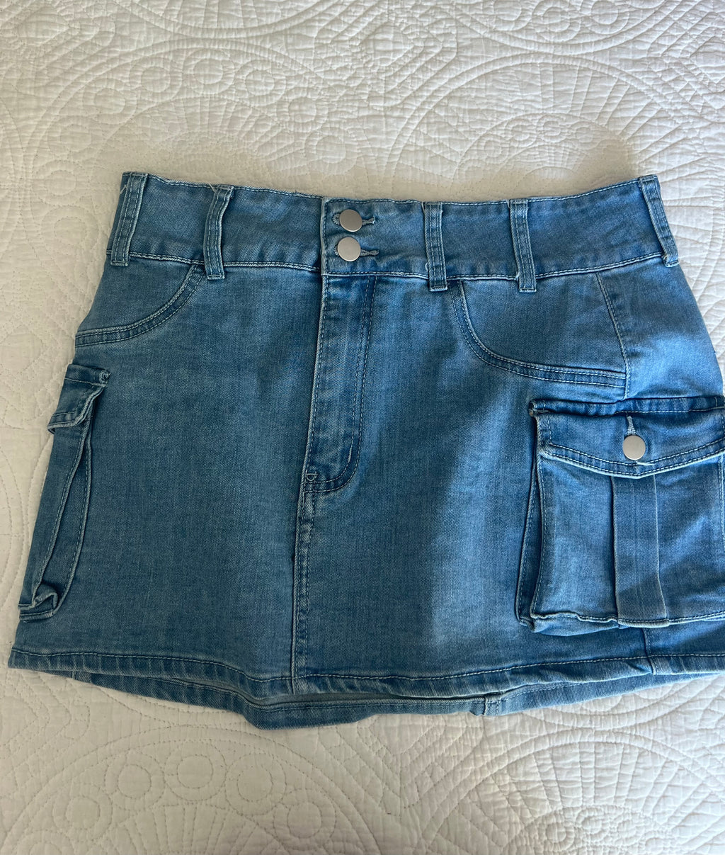 Blue denim mini skirt
