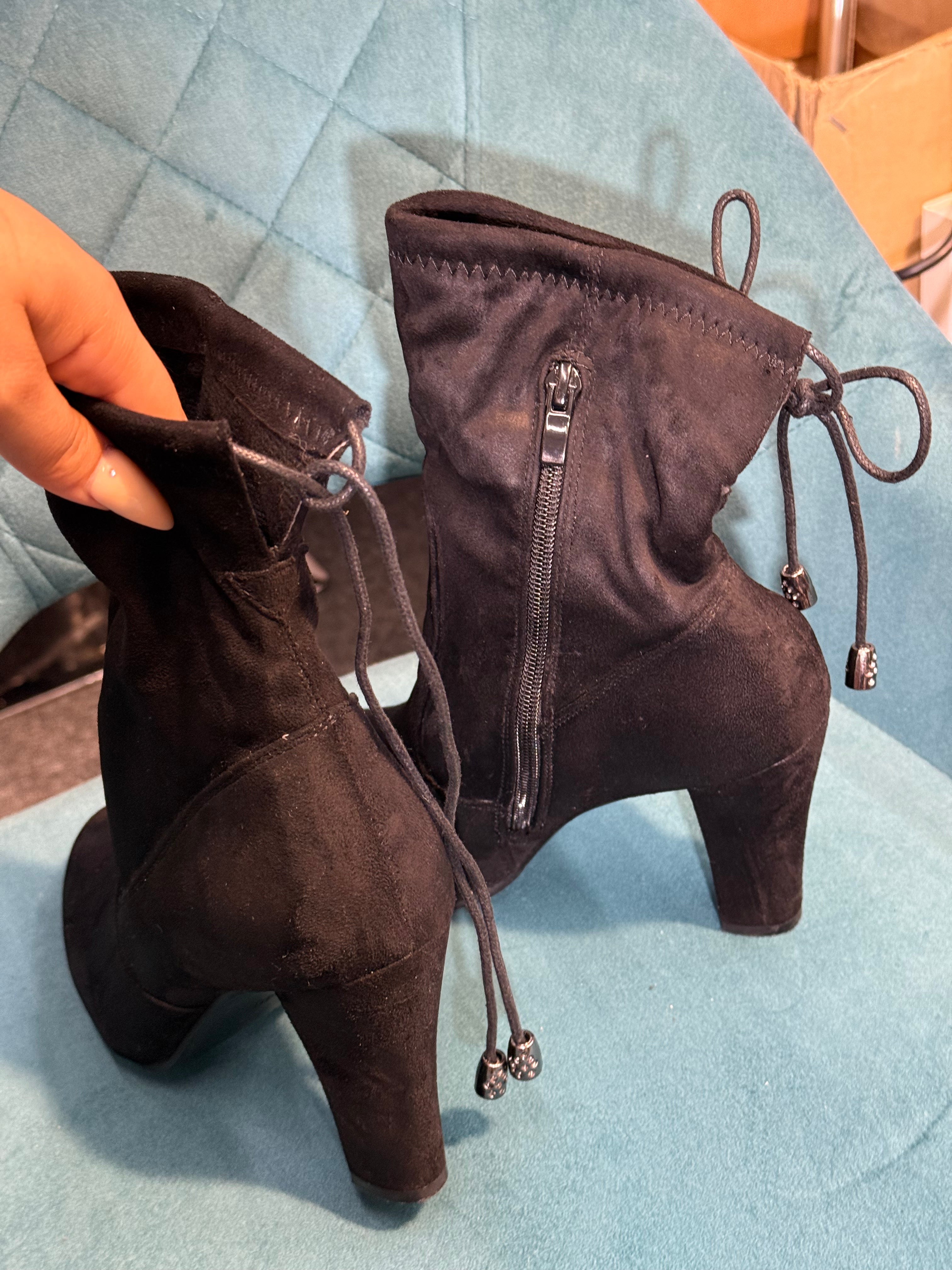 Suede black high heel boots