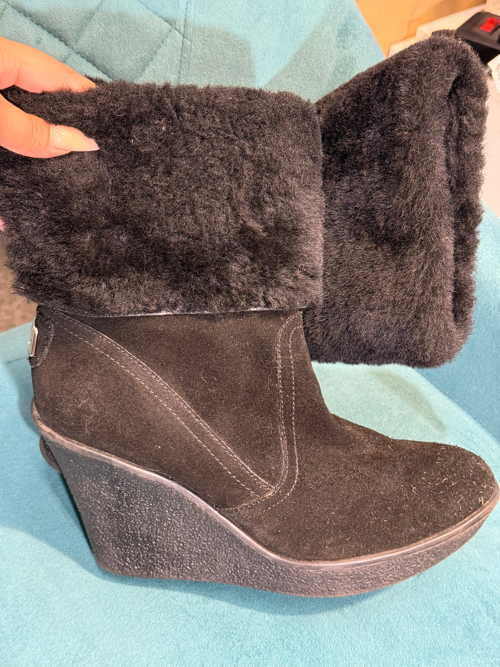 Black Faux Suede Wedge Ankle Boots with Faux Fur Cuff