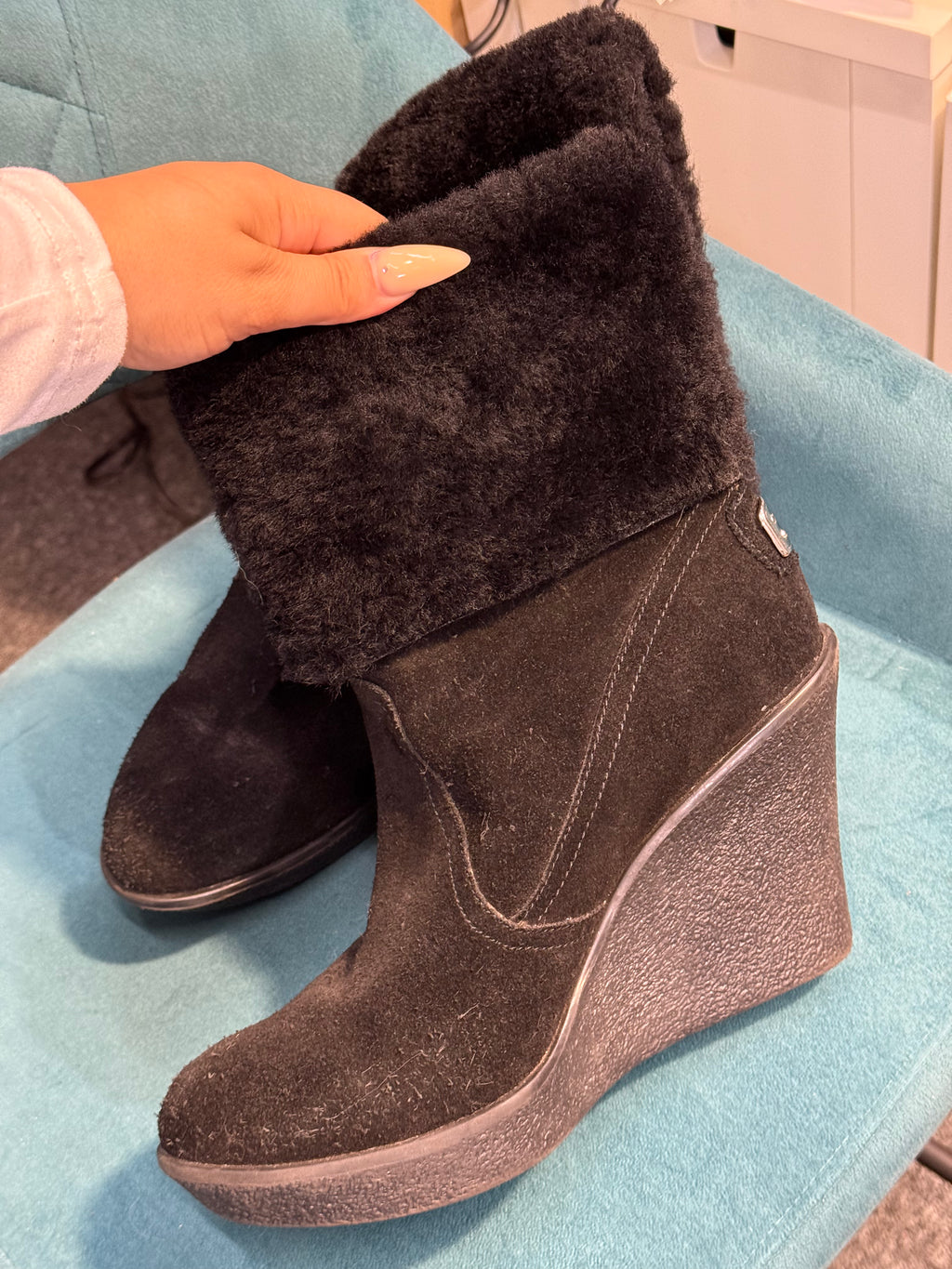 Black Faux Suede Wedge Ankle Boots with Faux Fur Cuff
