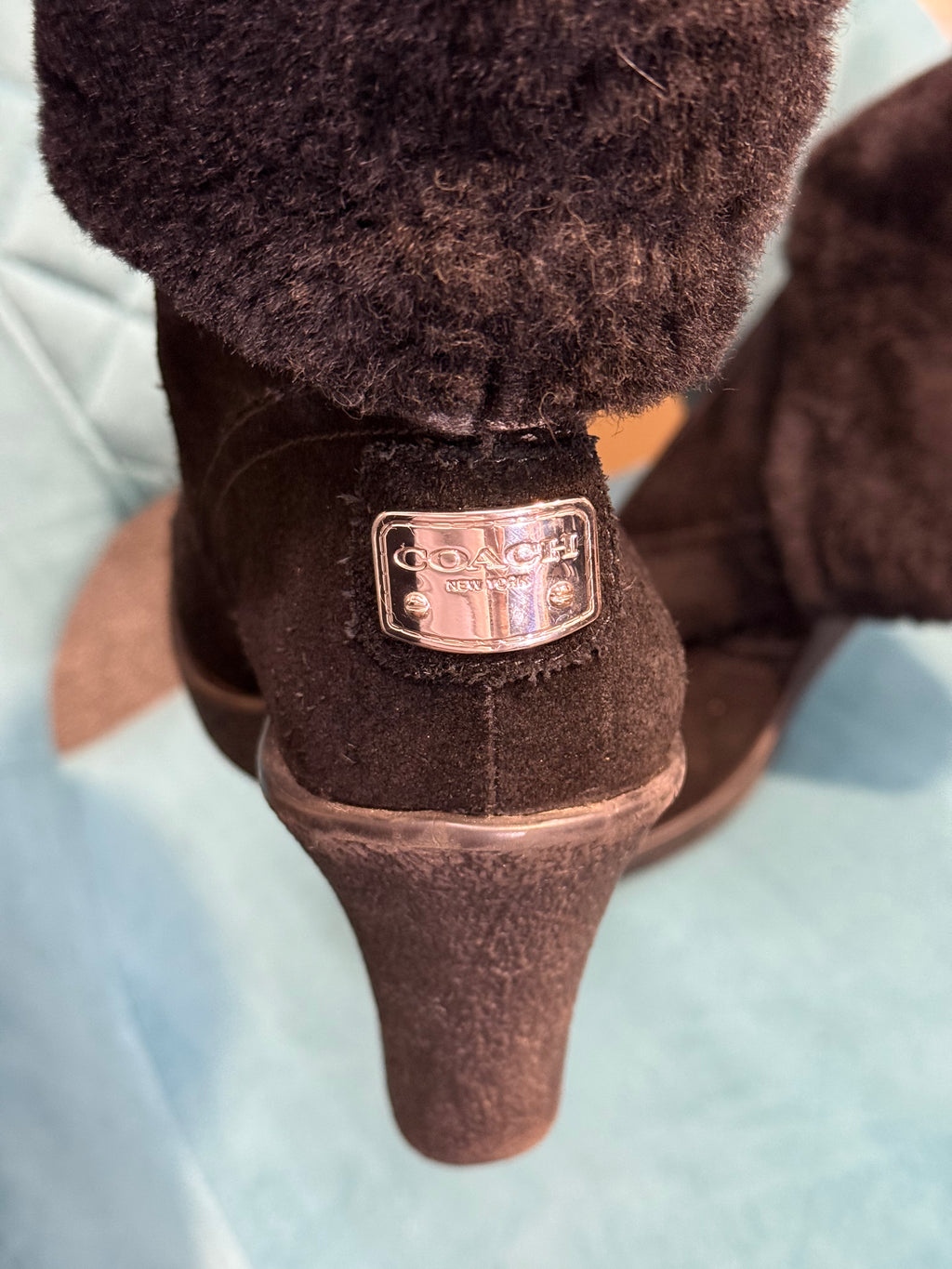 Black Faux Suede Wedge Ankle Boots with Faux Fur Cuff
