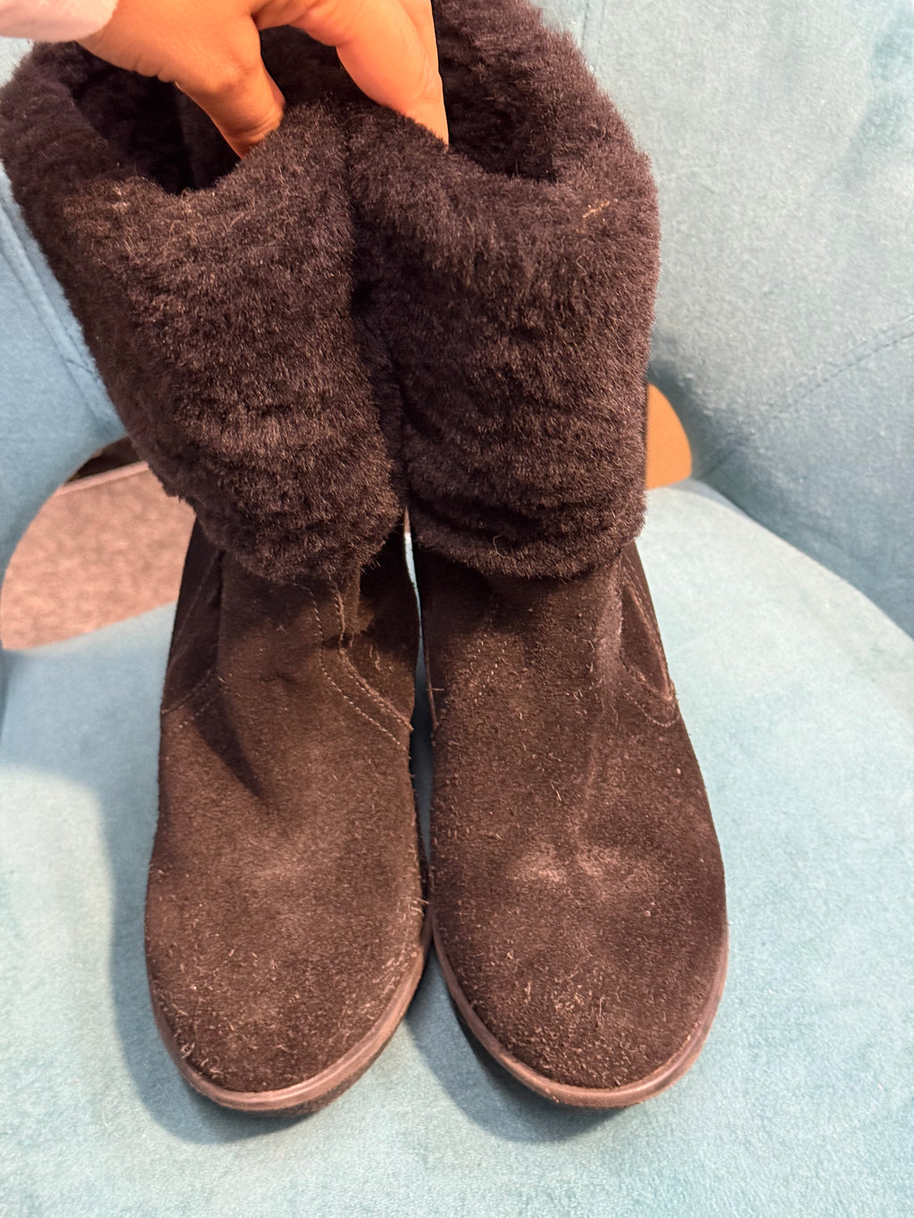 Black Faux Suede Wedge Ankle Boots with Faux Fur Cuff