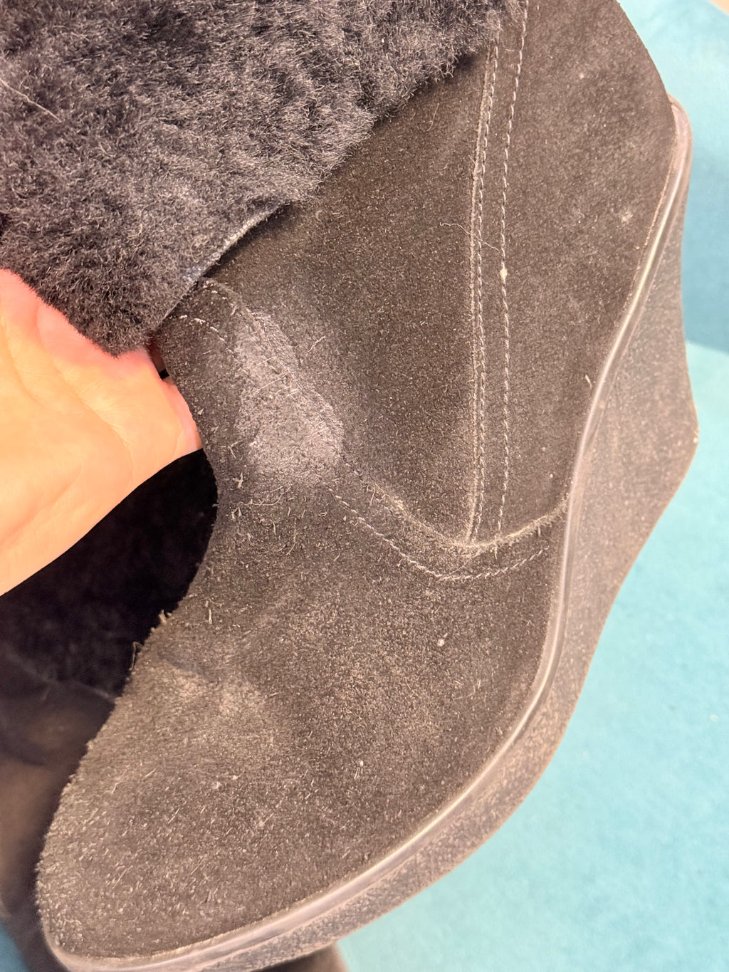 Black Faux Suede Wedge Ankle Boots with Faux Fur Cuff