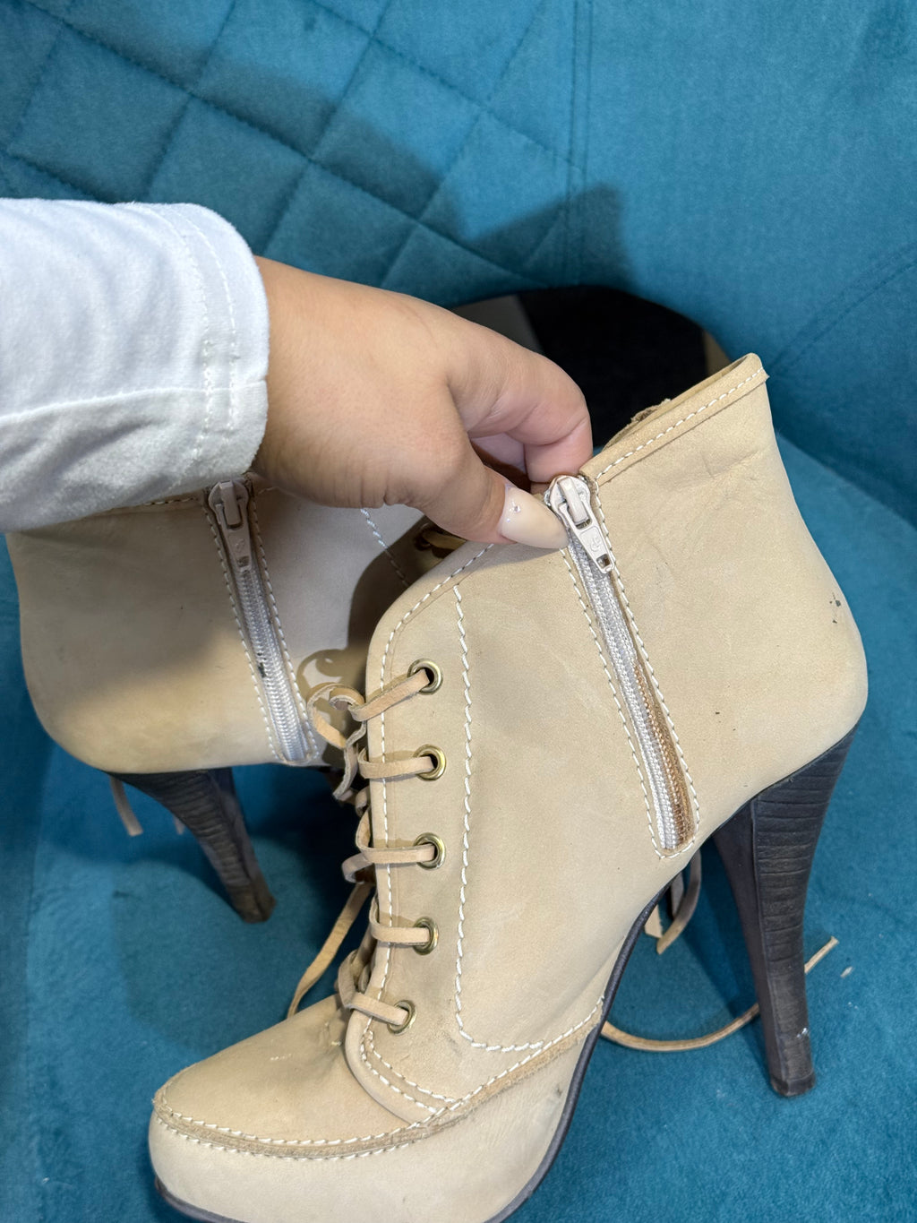 Cream Suede Lace-Up Ankle Boots with Fringe & Stud Detail – SIZE 7