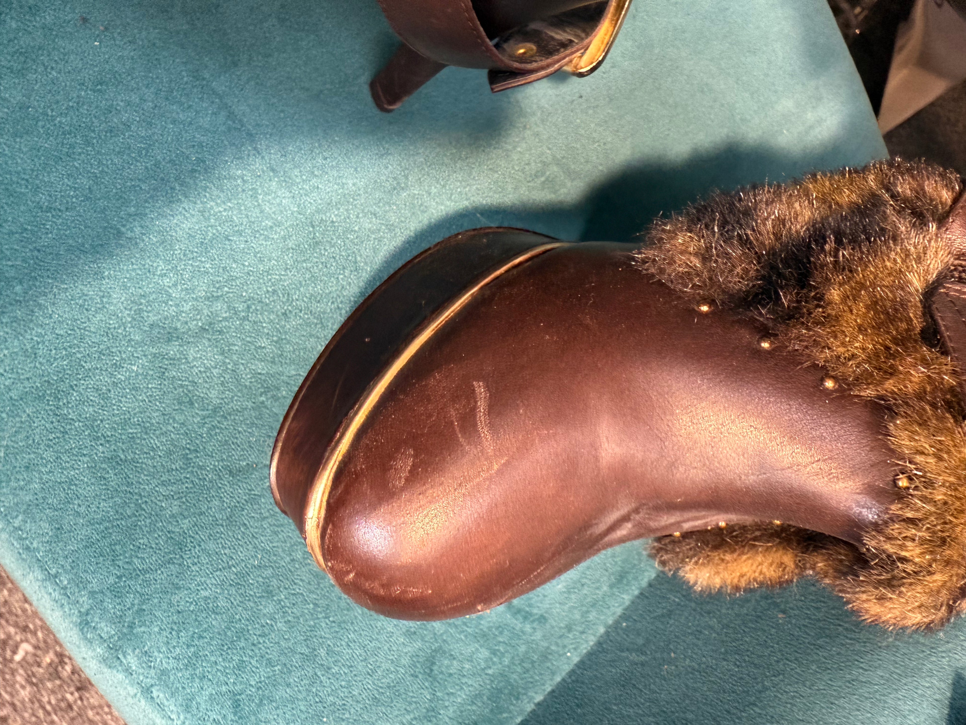 Burgundy heel with faux brown fur - Size 6