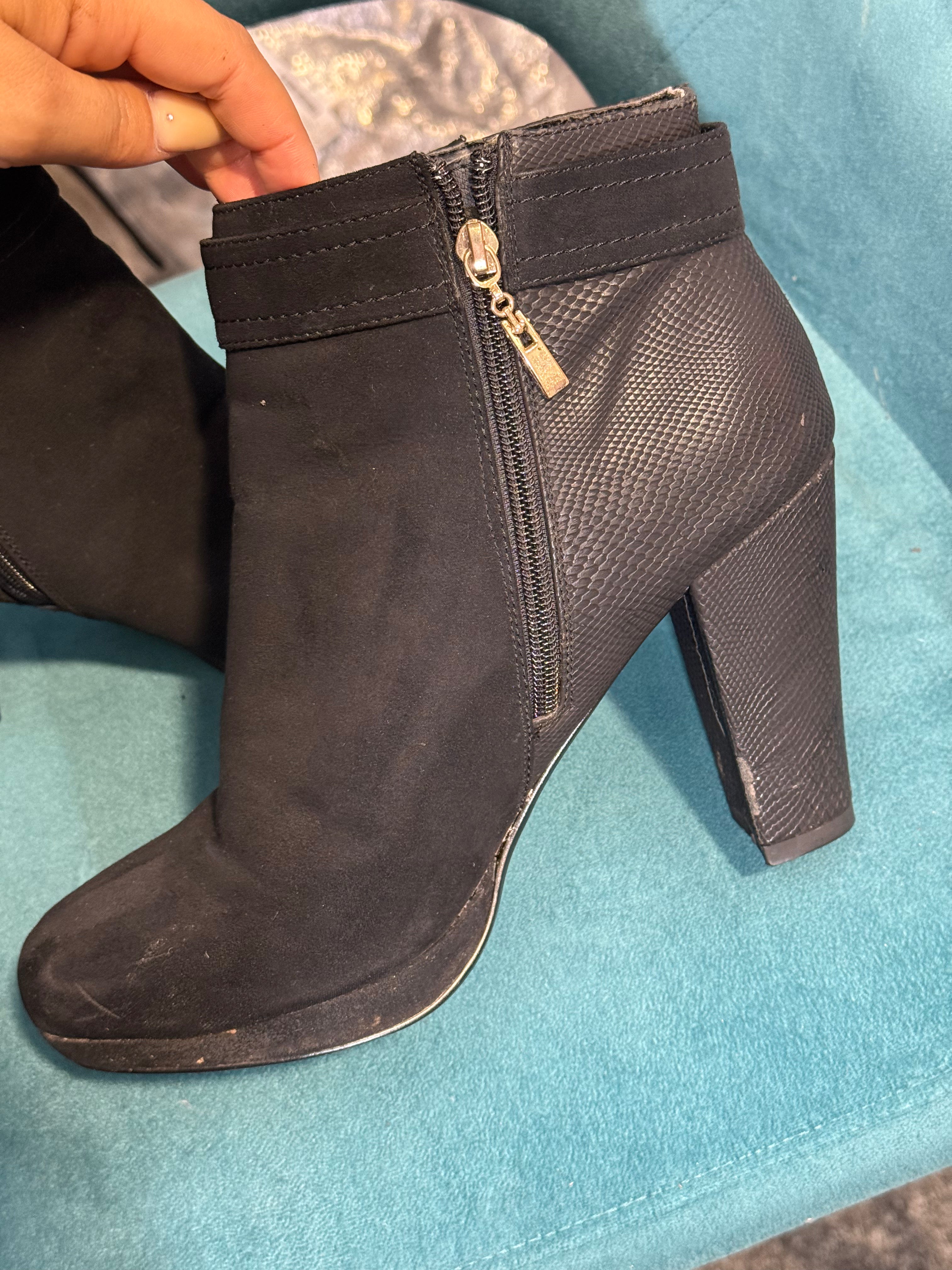 Women’s black heeled ankle boots with gold button detail