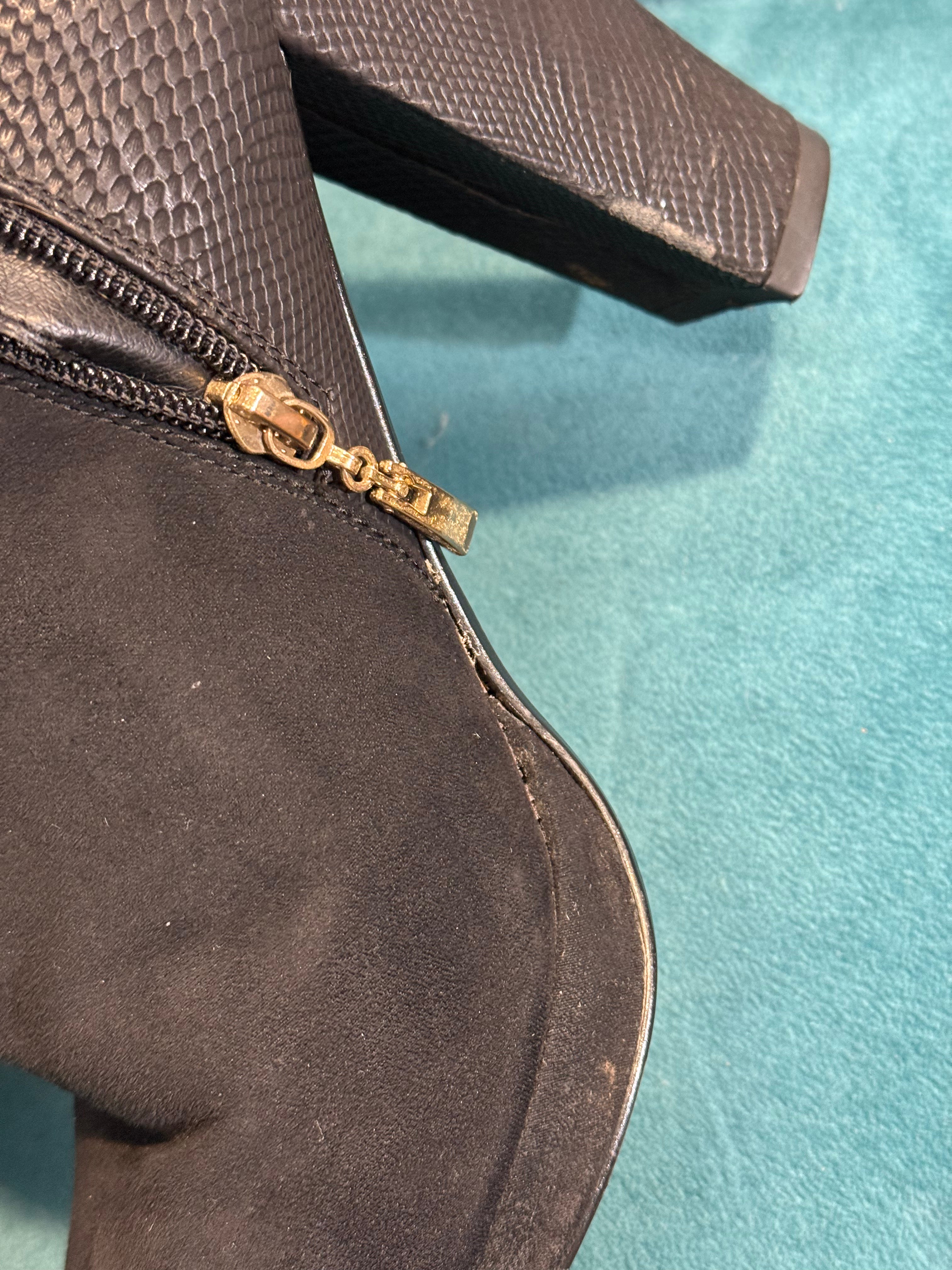 Women’s black heeled ankle boots with gold button detail