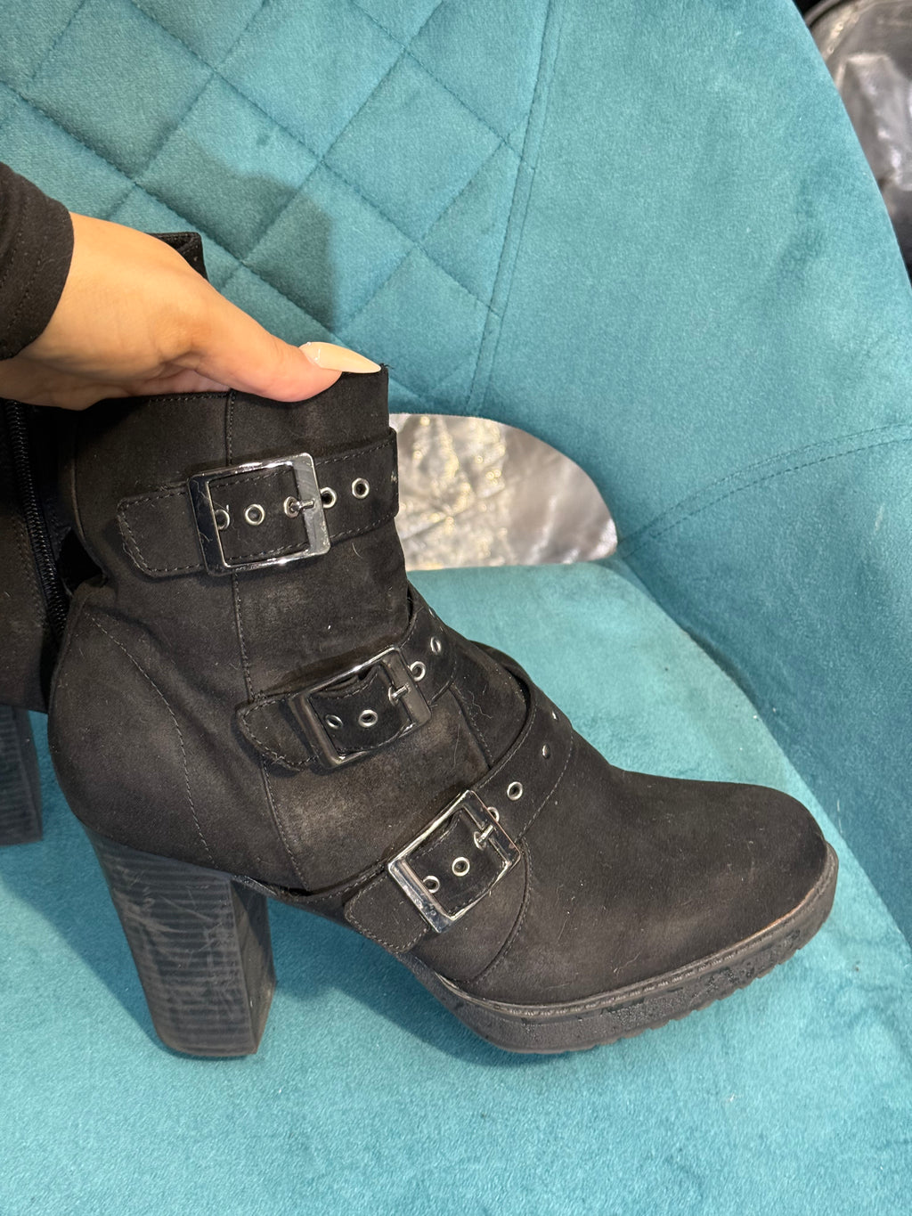 Women’s Black Heeled Boots with Triple Buckle Detail