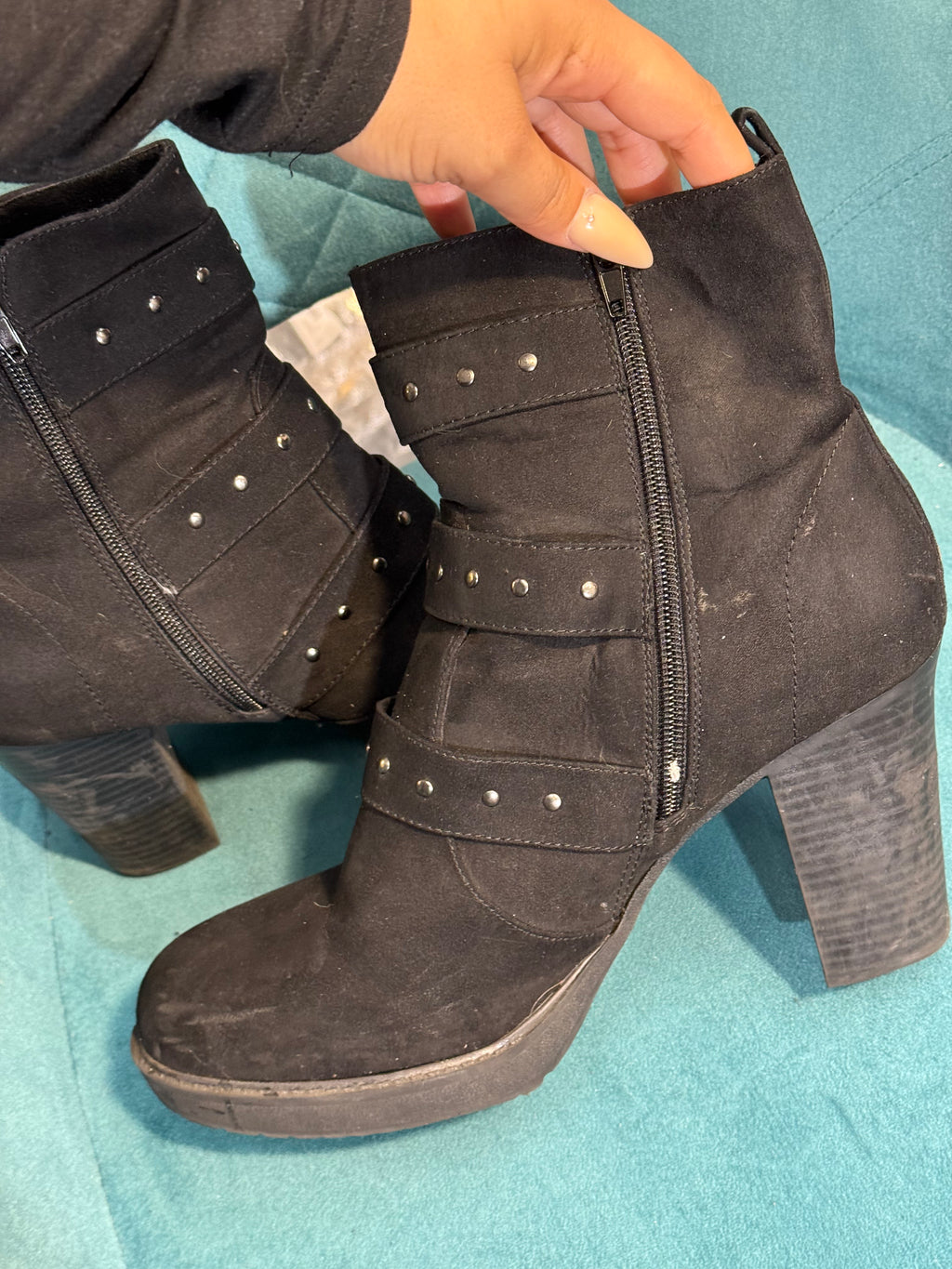 Women’s Black Heeled Boots with Triple Buckle Detail