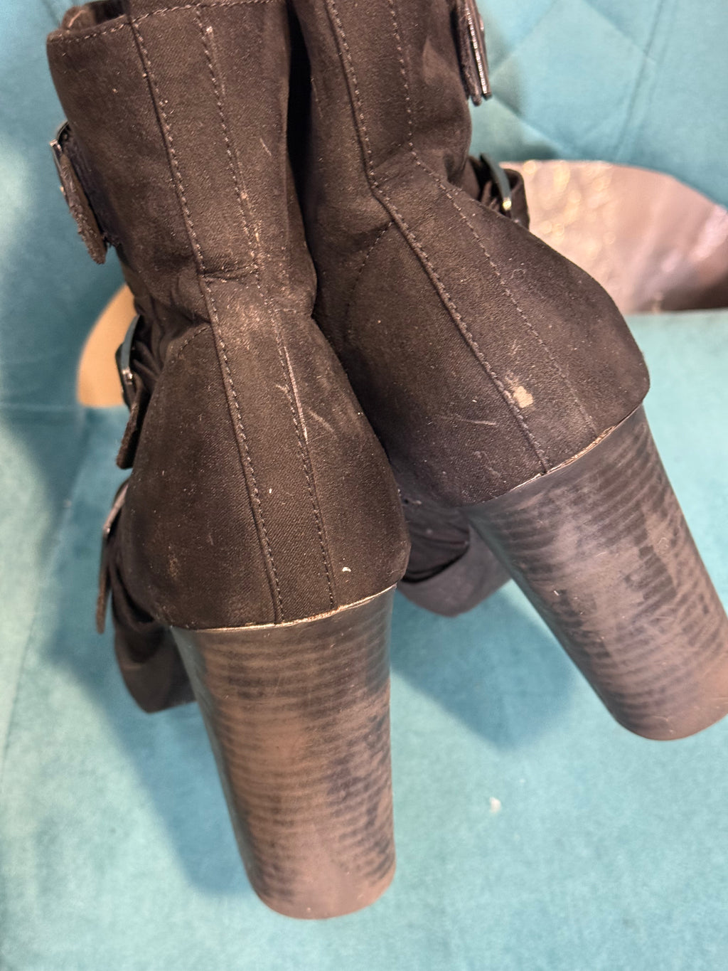 Women’s Black Heeled Boots with Triple Buckle Detail