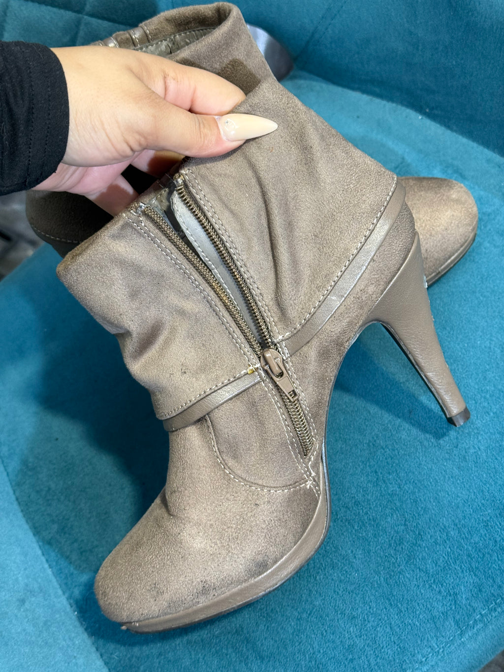 Women’s taupe heeled ankle boots with zip detail