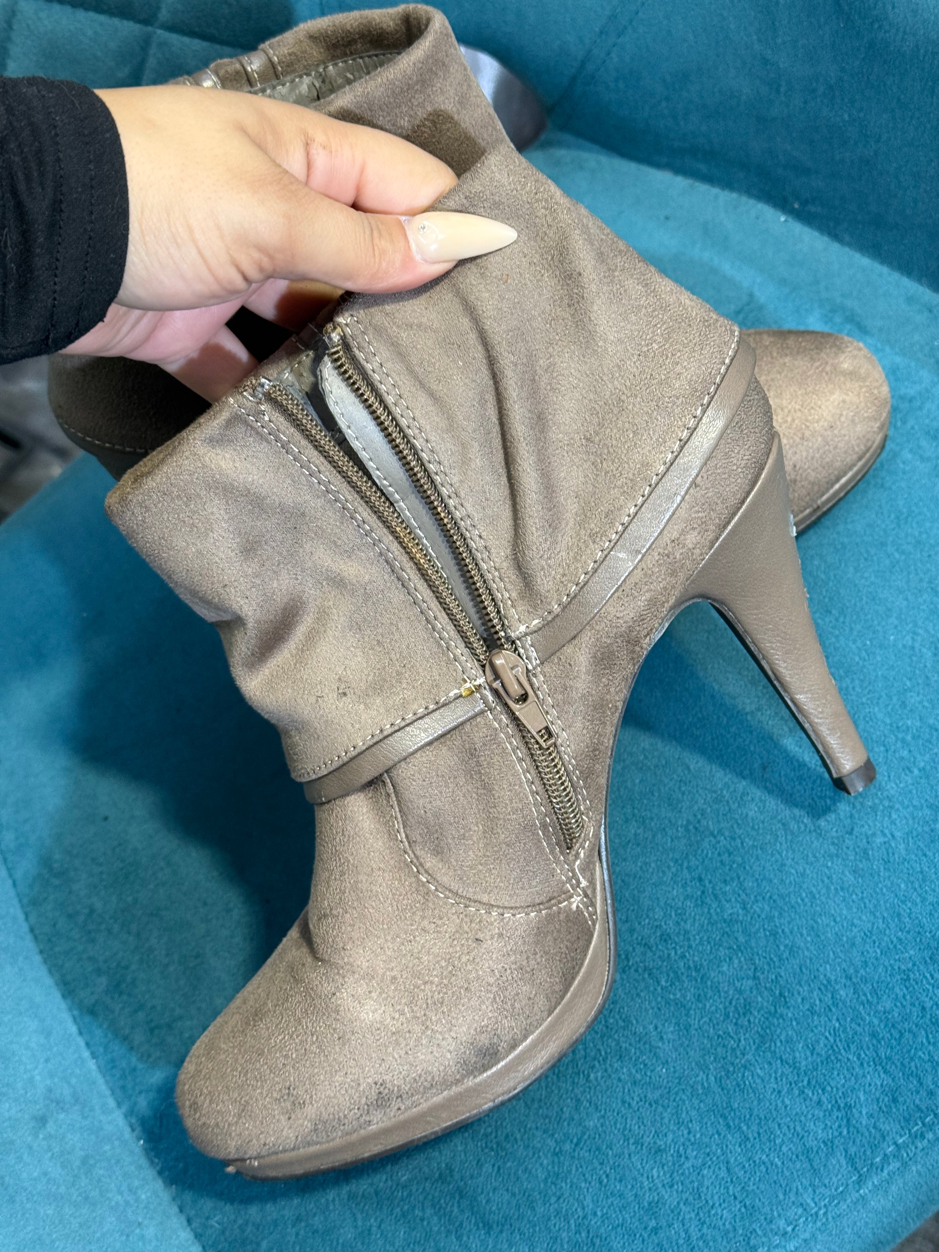 Women’s taupe heeled ankle boots with zip detail