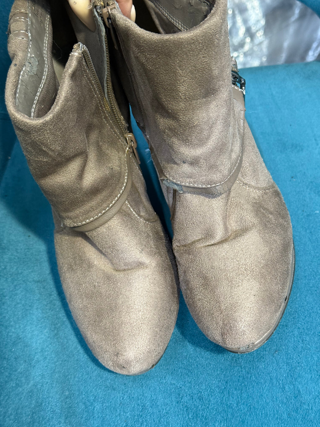 Women’s taupe heeled ankle boots with zip detail