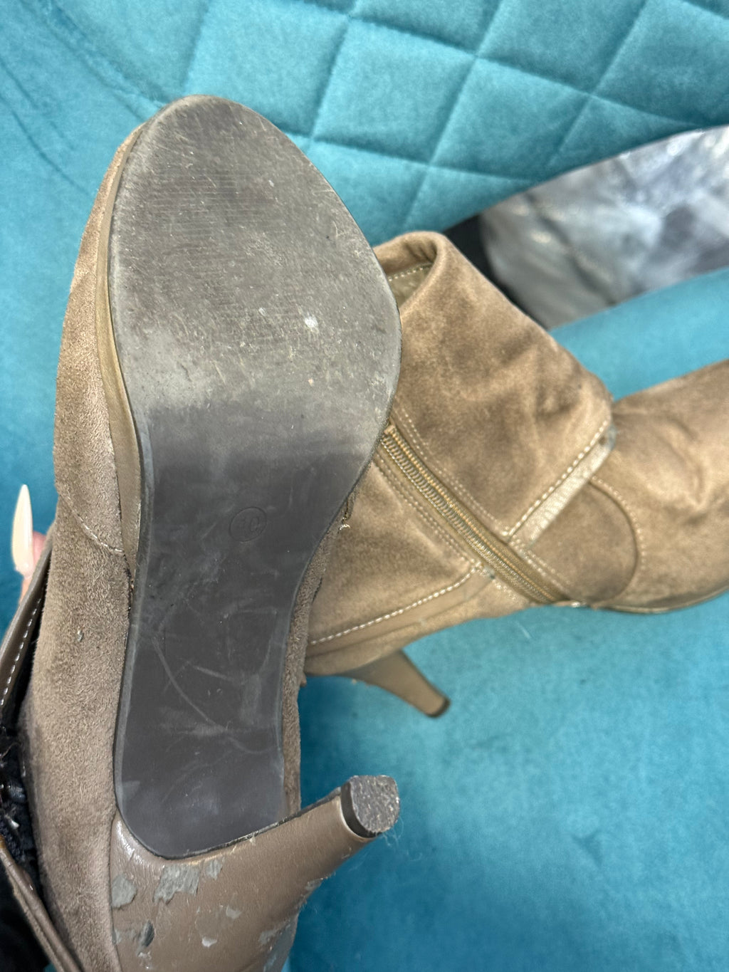 Women’s taupe heeled ankle boots with zip detail