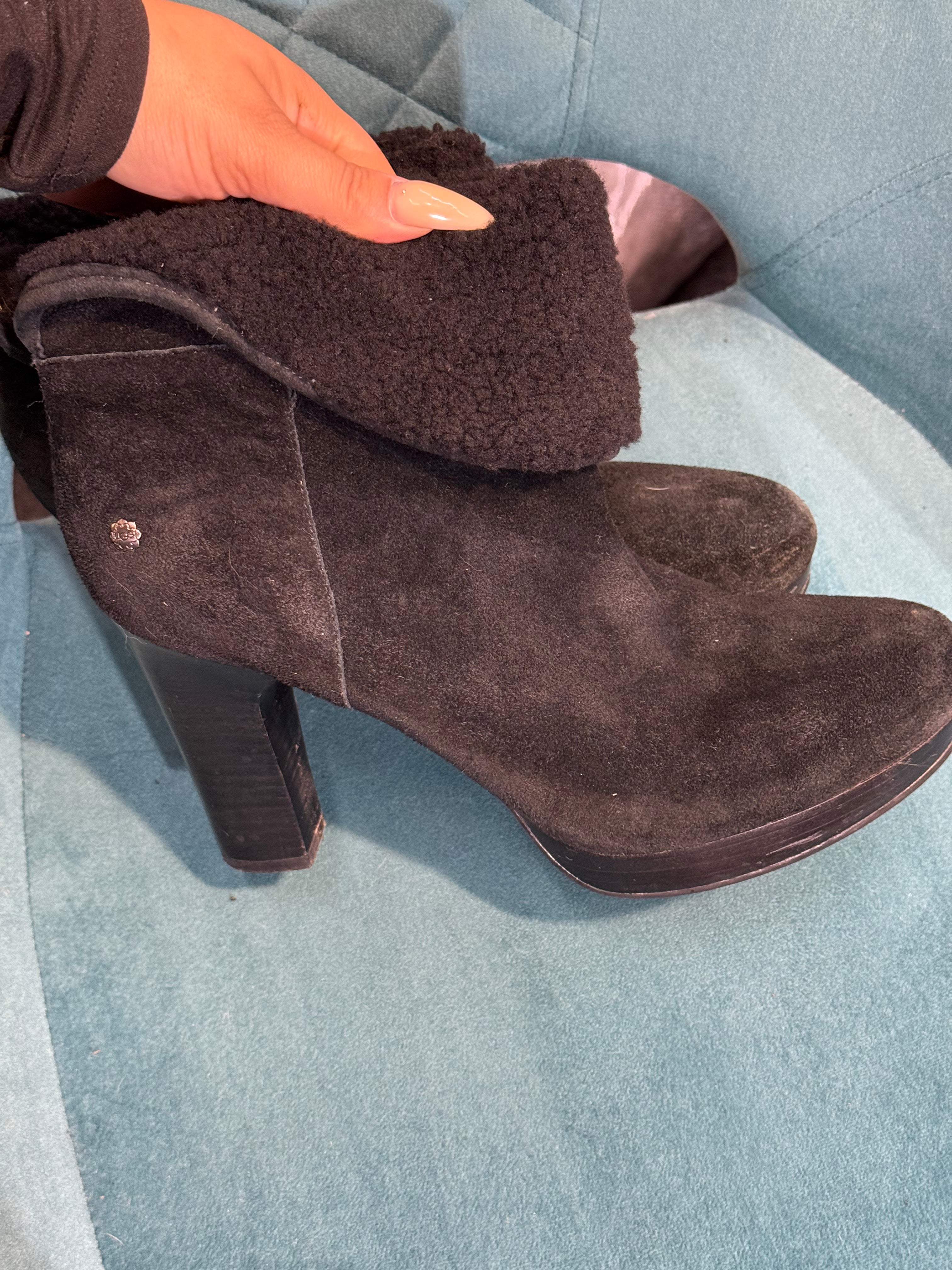 Ugg black suede heeled ankle boots with faux fur fold