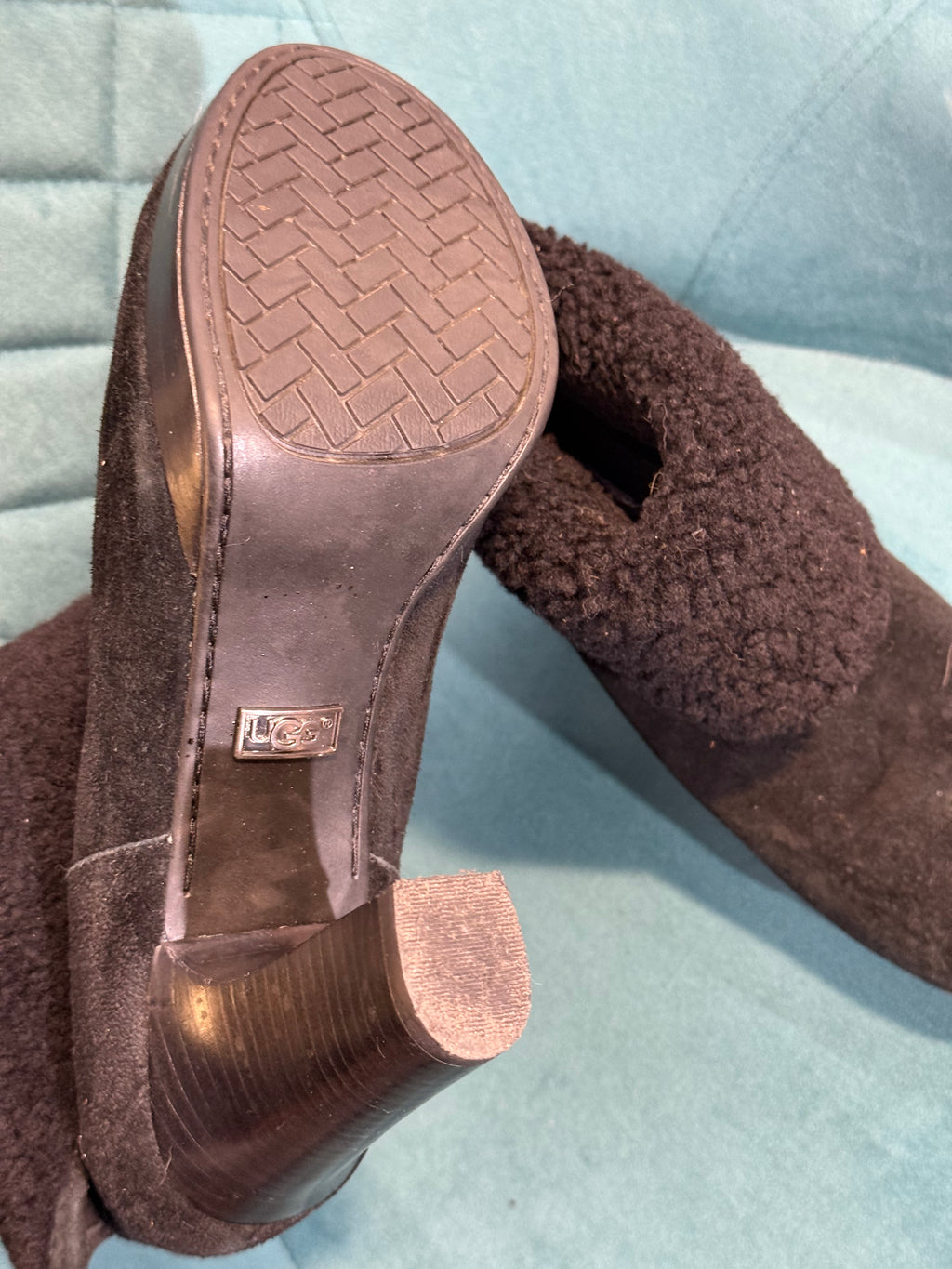 Ugg black suede heeled ankle boots with faux fur fold
