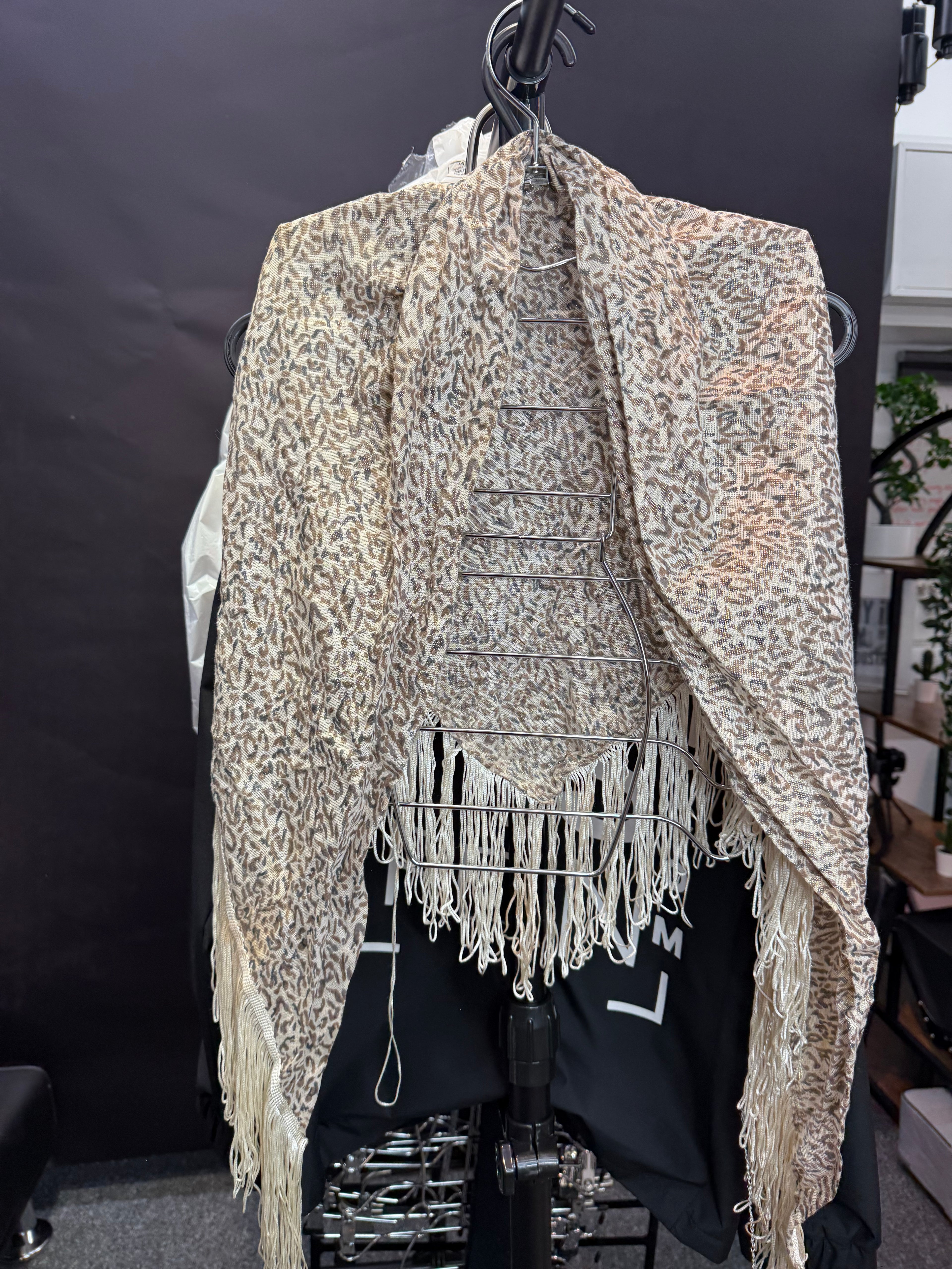 leopard print scarf/shawl with cream fringe