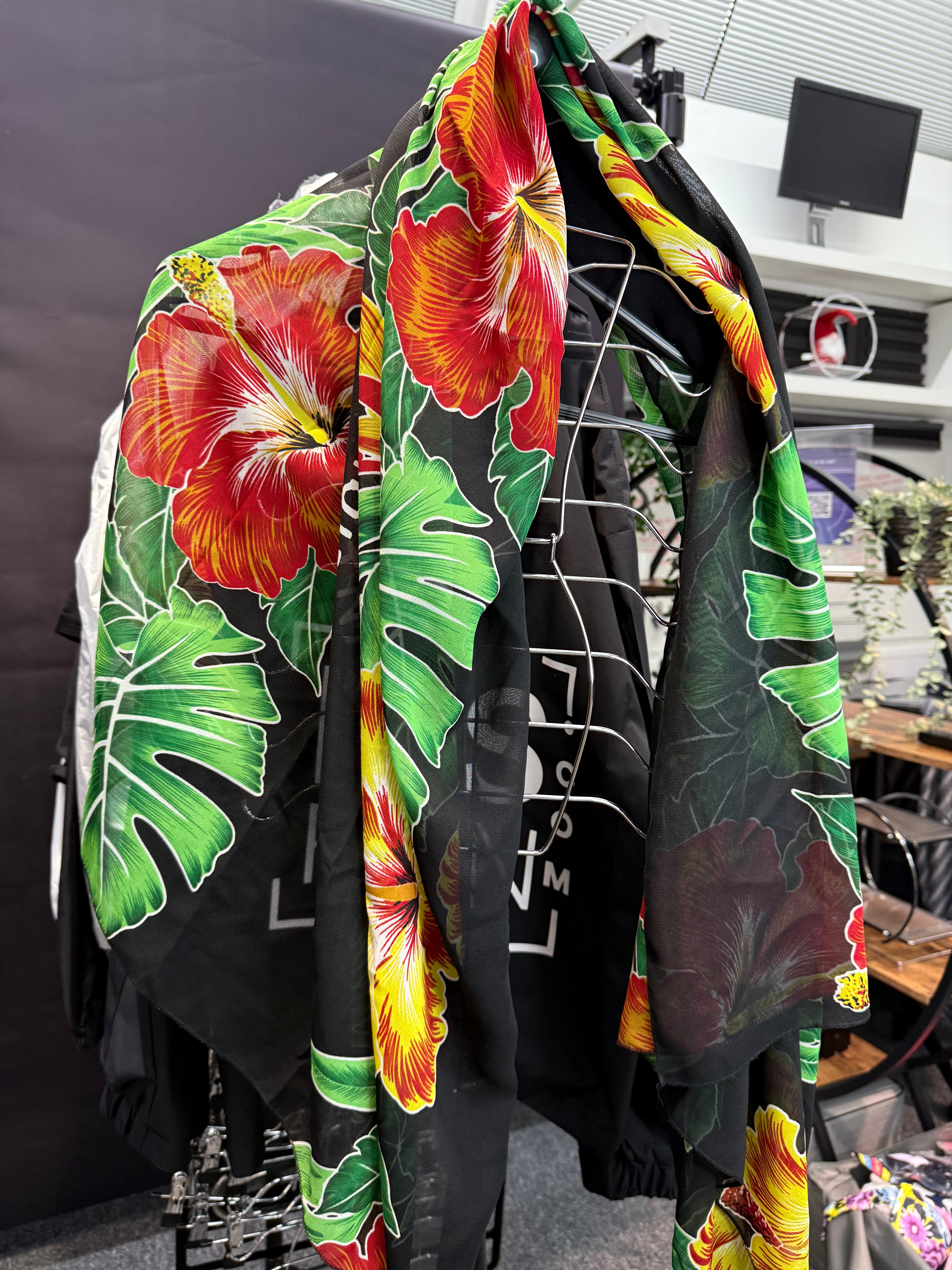 Sheer scarf with flower detailing