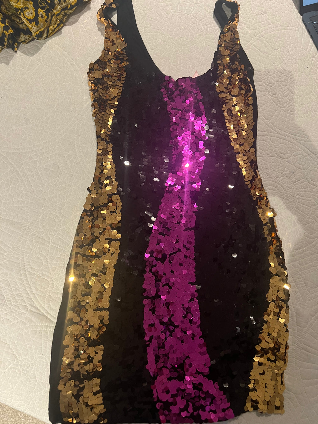 Black/gold/pink embroidery mini dress