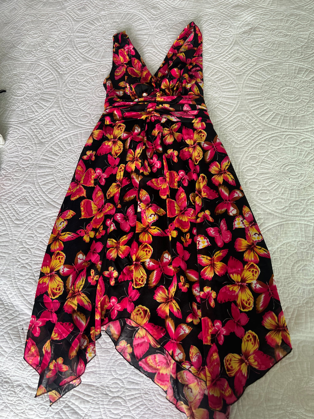 Pink/black floral midi dress